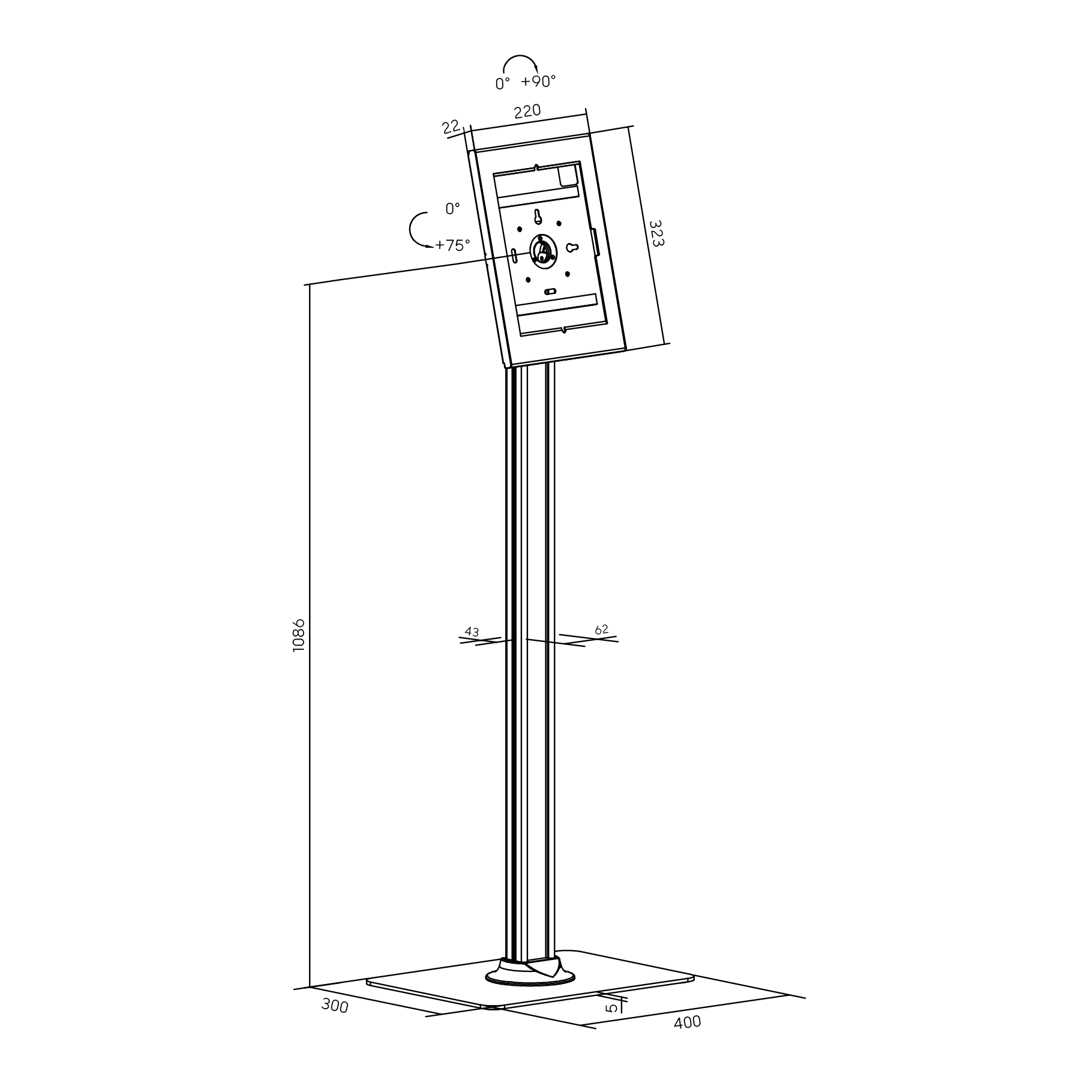 Dibujo técnico de un soporte con dimensiones. Soporte de pantalla ajustable.