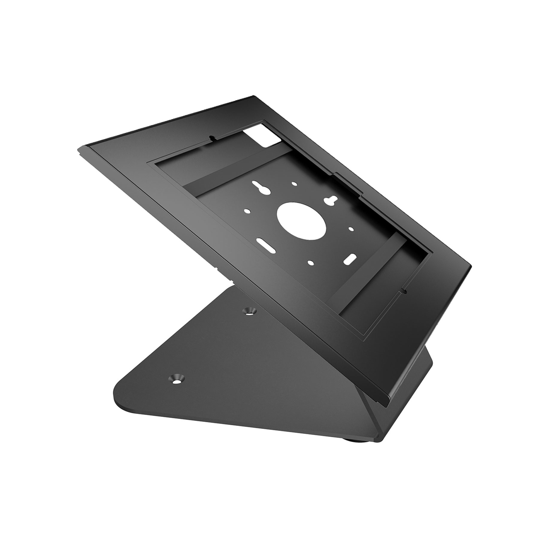 Un soporte negro y ajustable para tableta con marco y base rectangulares.