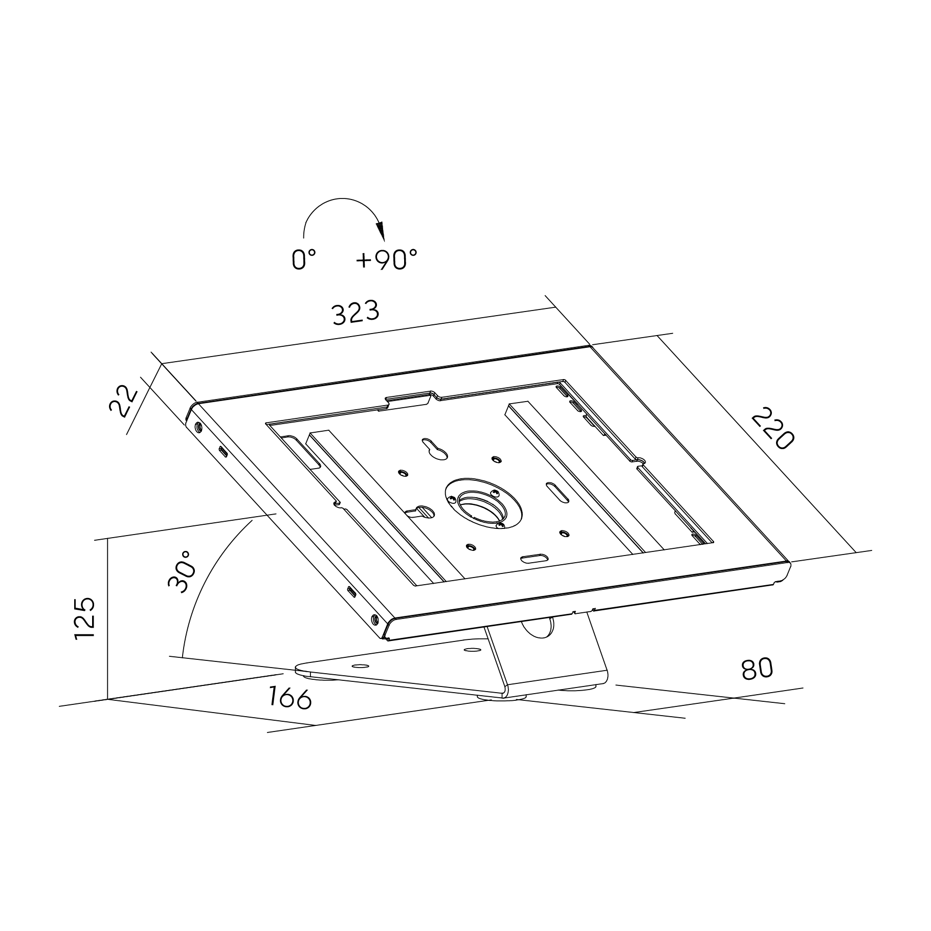 Dibujo técnico de un soporte giratorio con dimensiones y ángulos.