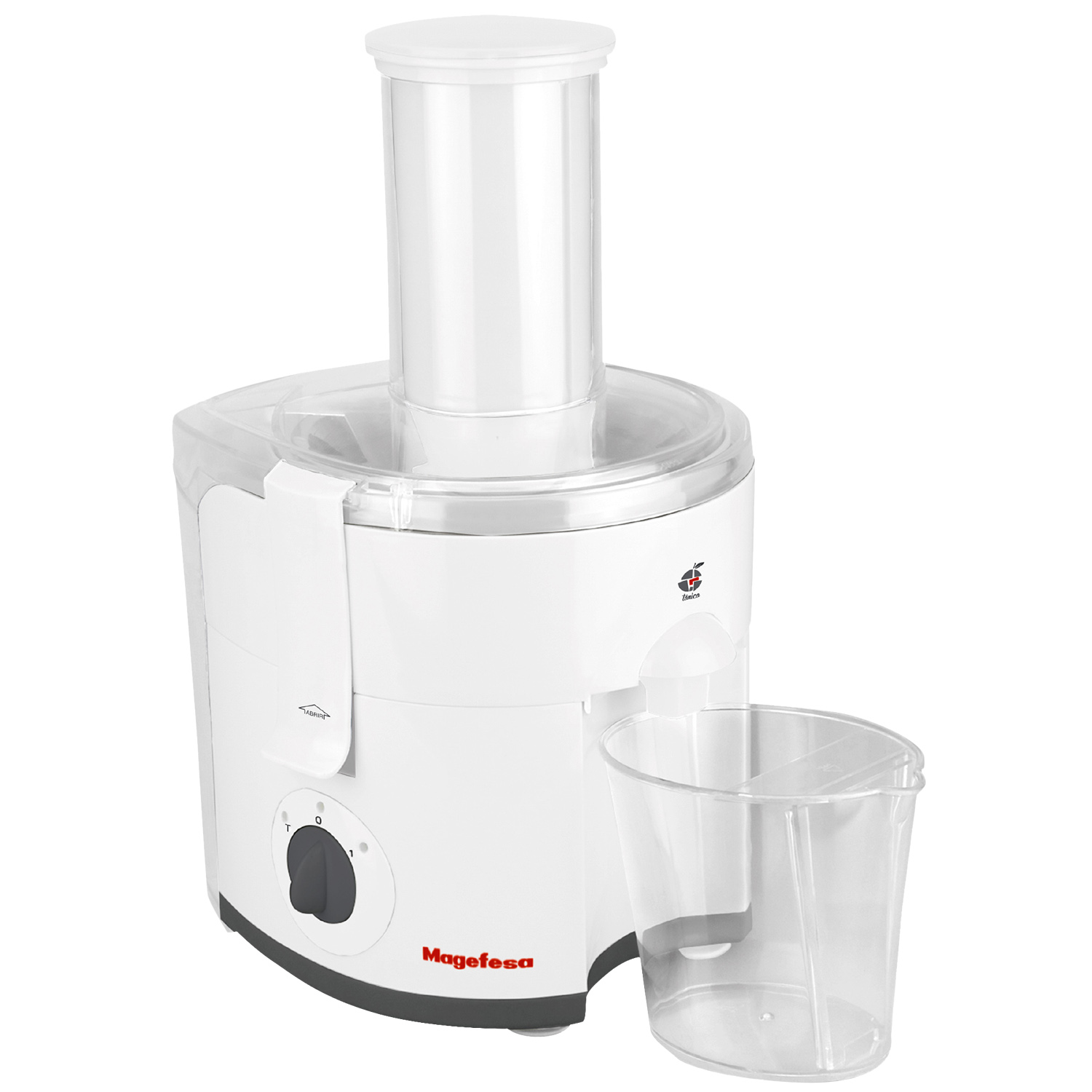Un exprimidor blanco con un colector de jugo transparente y un conducto de alimentación.
