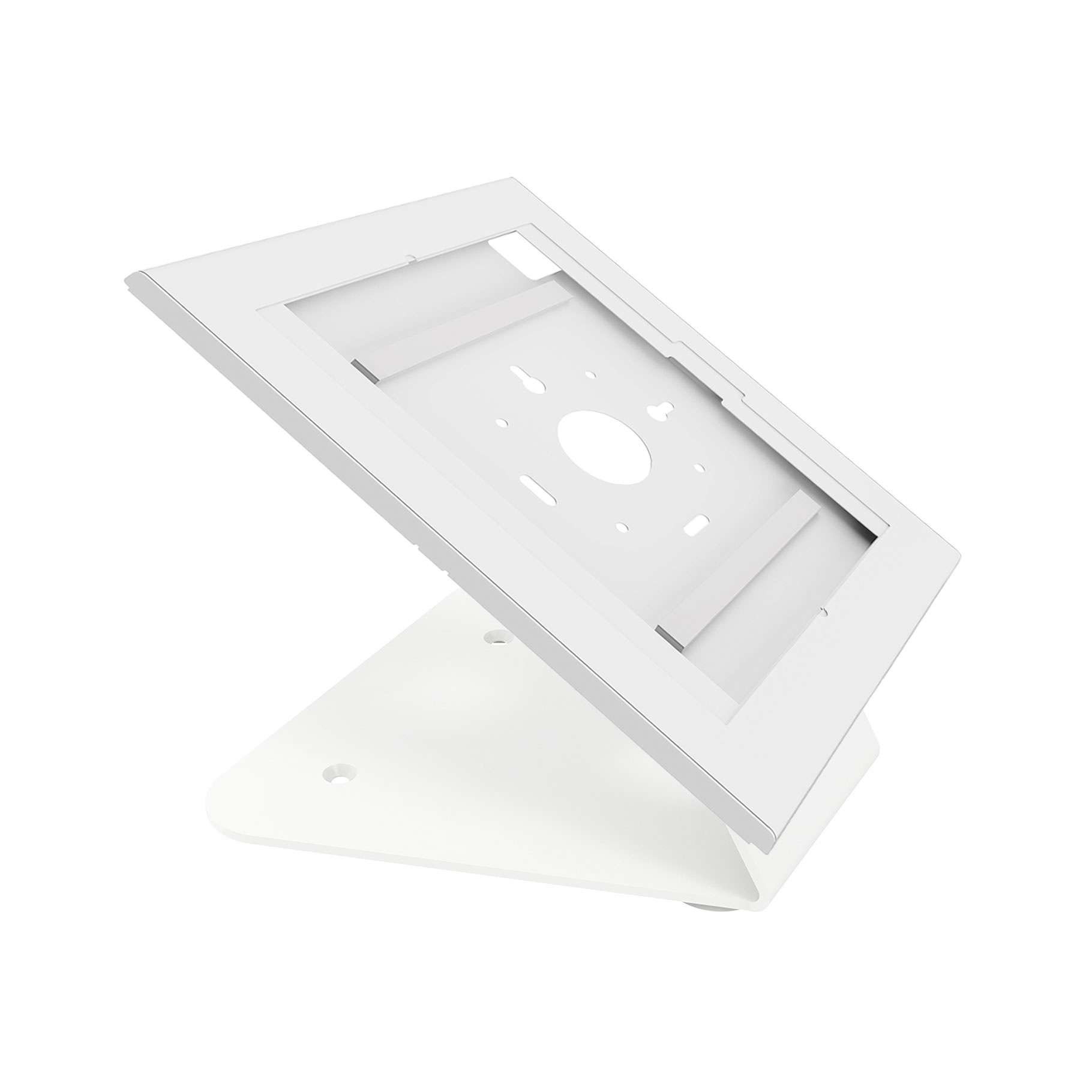 Un soporte blanco e inclinado para tableta con marco rectangular y recorte circular.