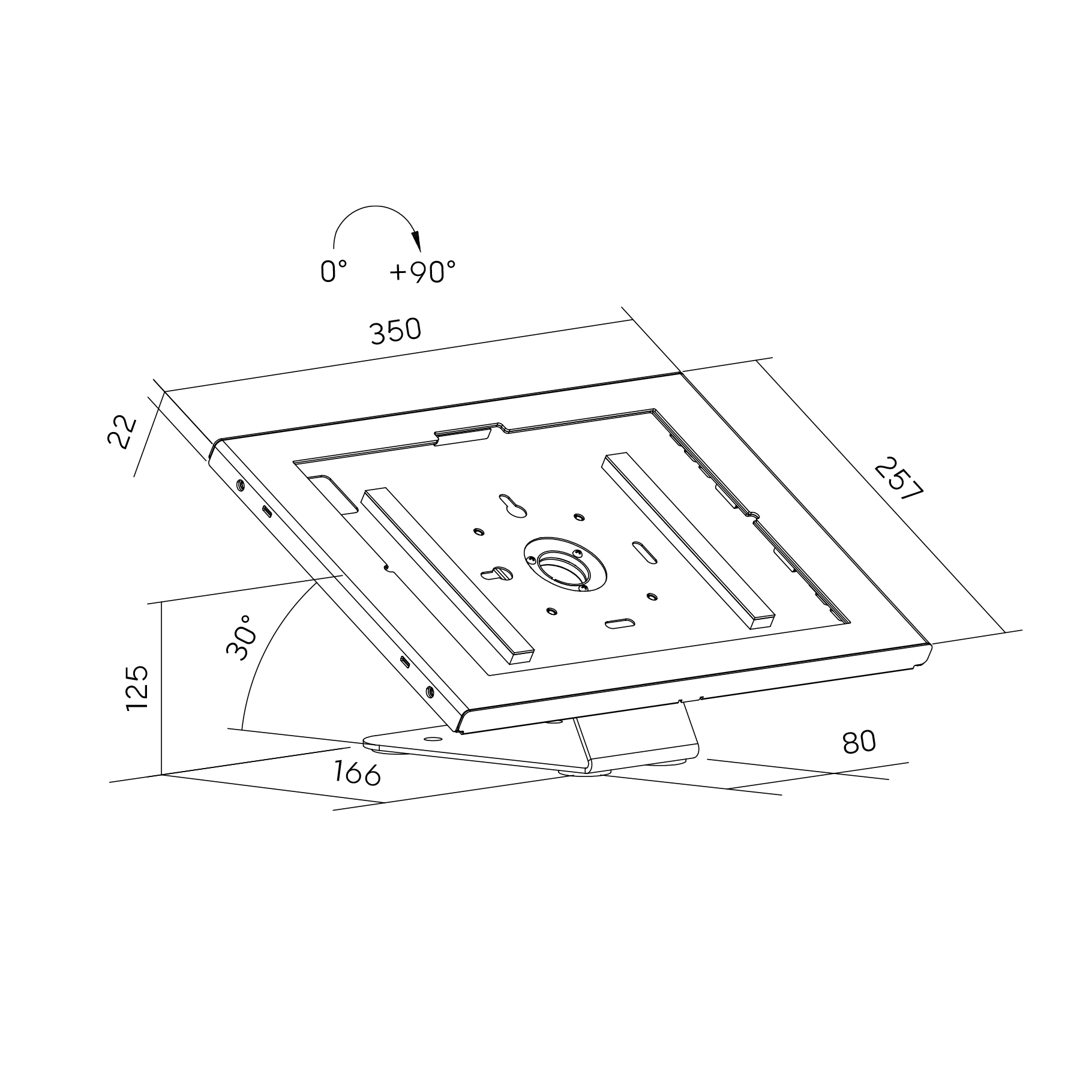 Dibujo técnico de un soporte con dimensiones e indicadores de ángulo.