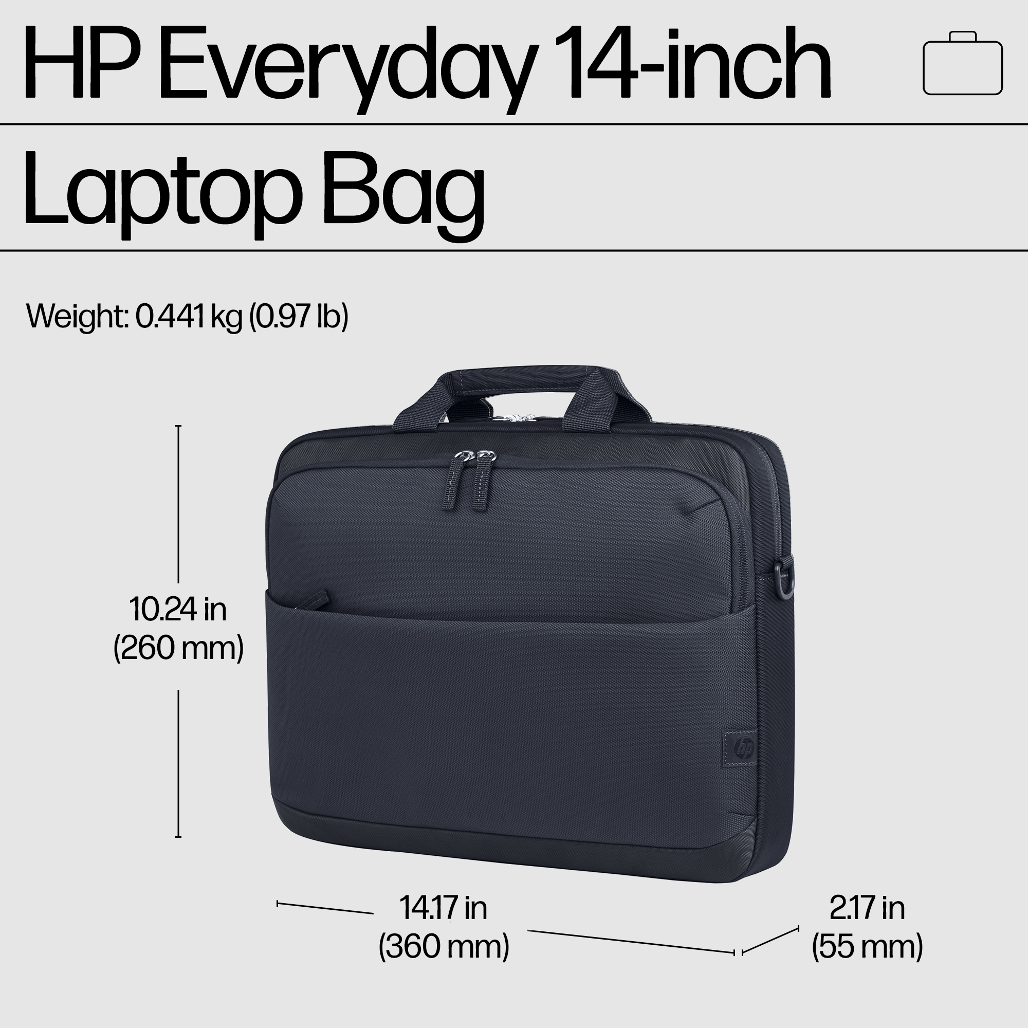 Una borsa per laptop HP blu scuro con dimensioni e peso.