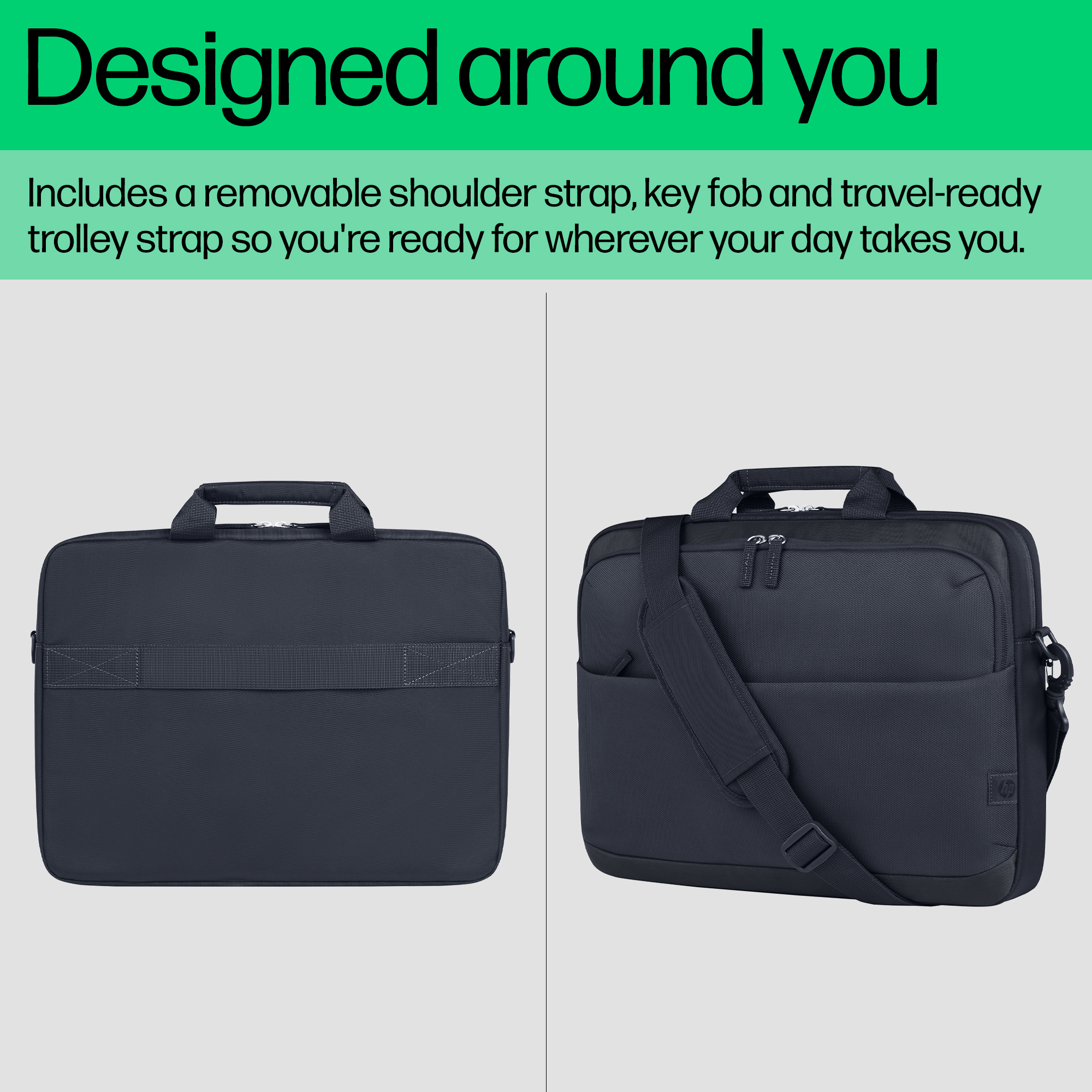 Borsa blu scuro per laptop con manici e tracolla.