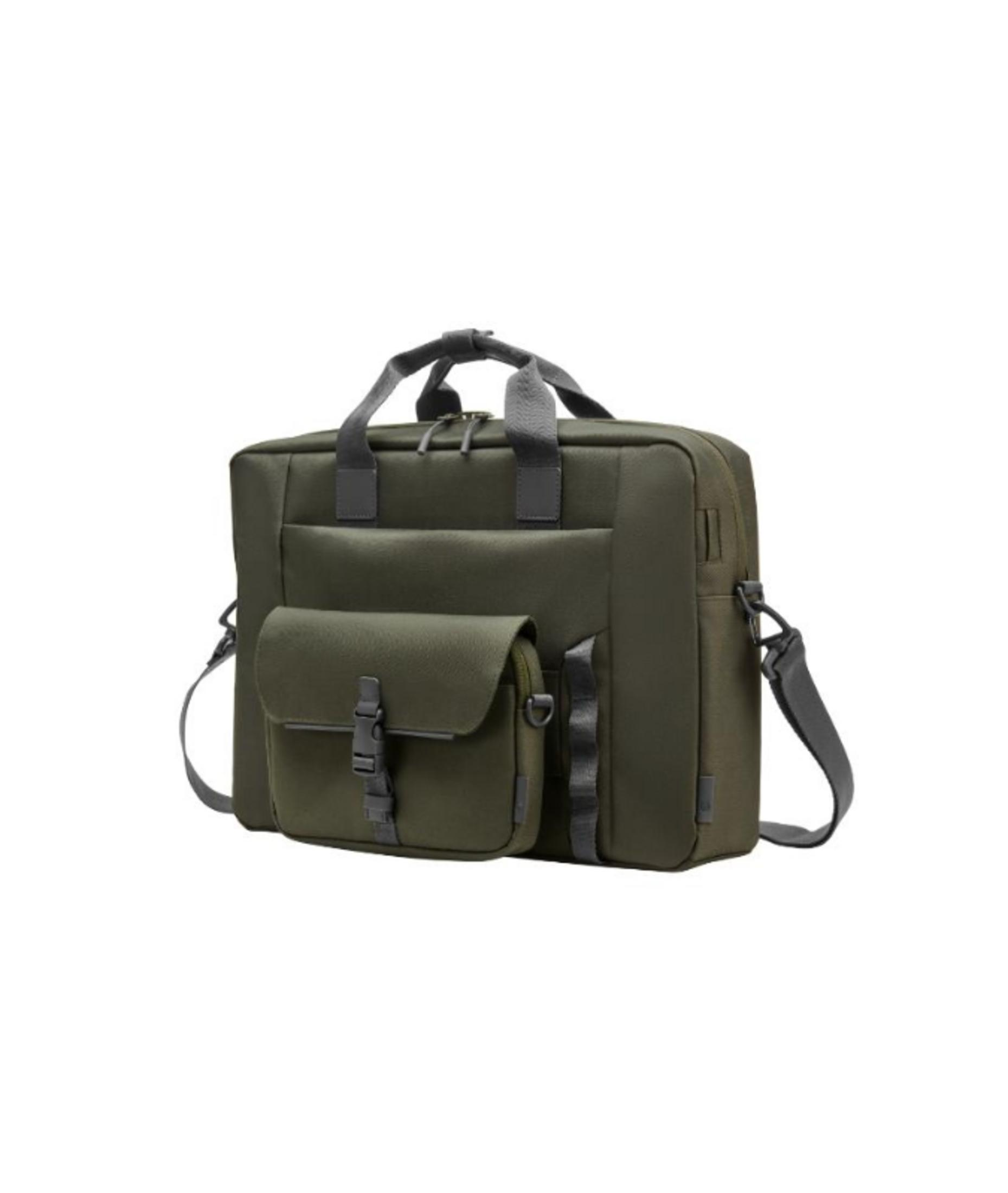 Borsa messenger verde con manici, zip e tasca frontale.