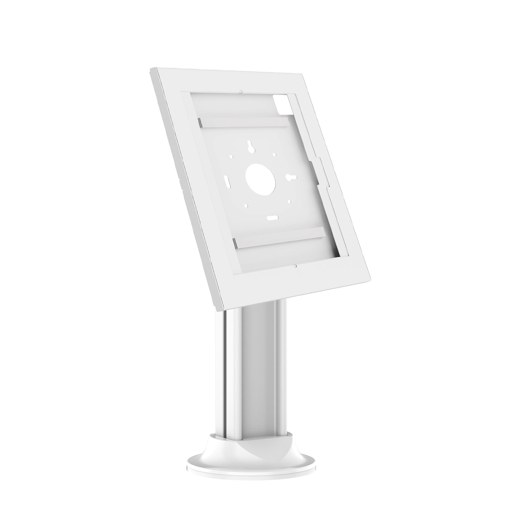 Un soporte blanco con un marco de pantalla angulado, diseñado para una tableta o pantalla.