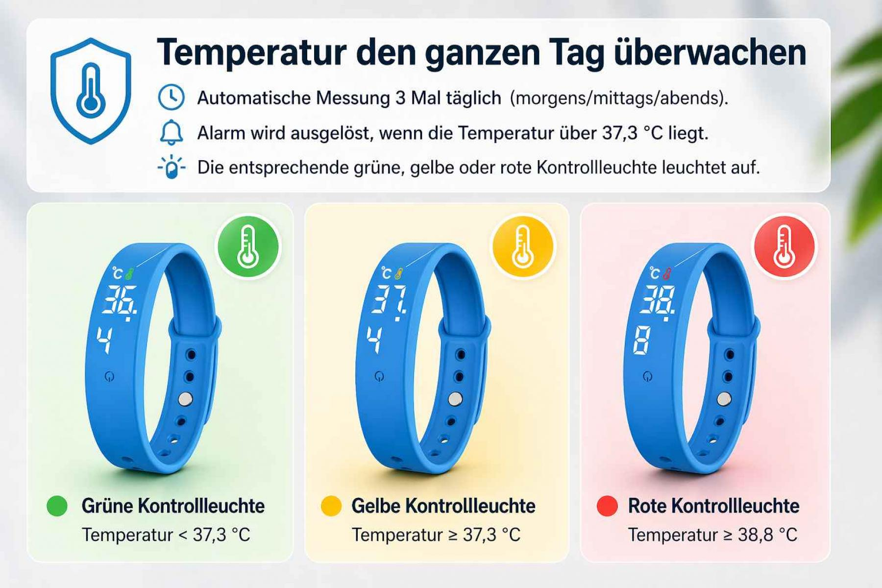 Blaues Thermometer-Armband mit drei Anzeigen: 36,4°C (grün), 37,4°C (gelb), 38,8°C (rot).