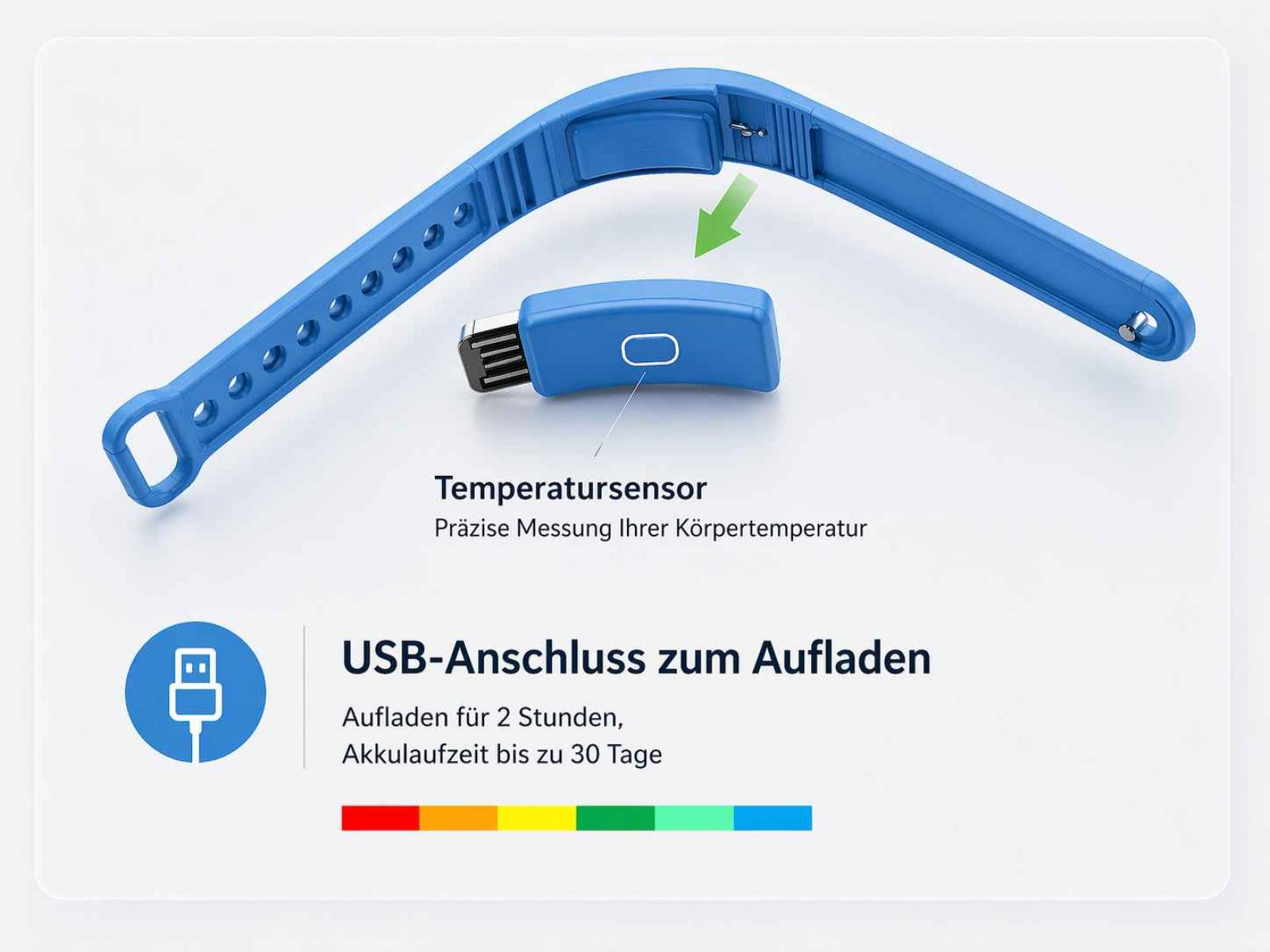 Blauer Fitness-Tracker mit abnehmbarem USB-Lade-/Sensormodul und Anzeige.