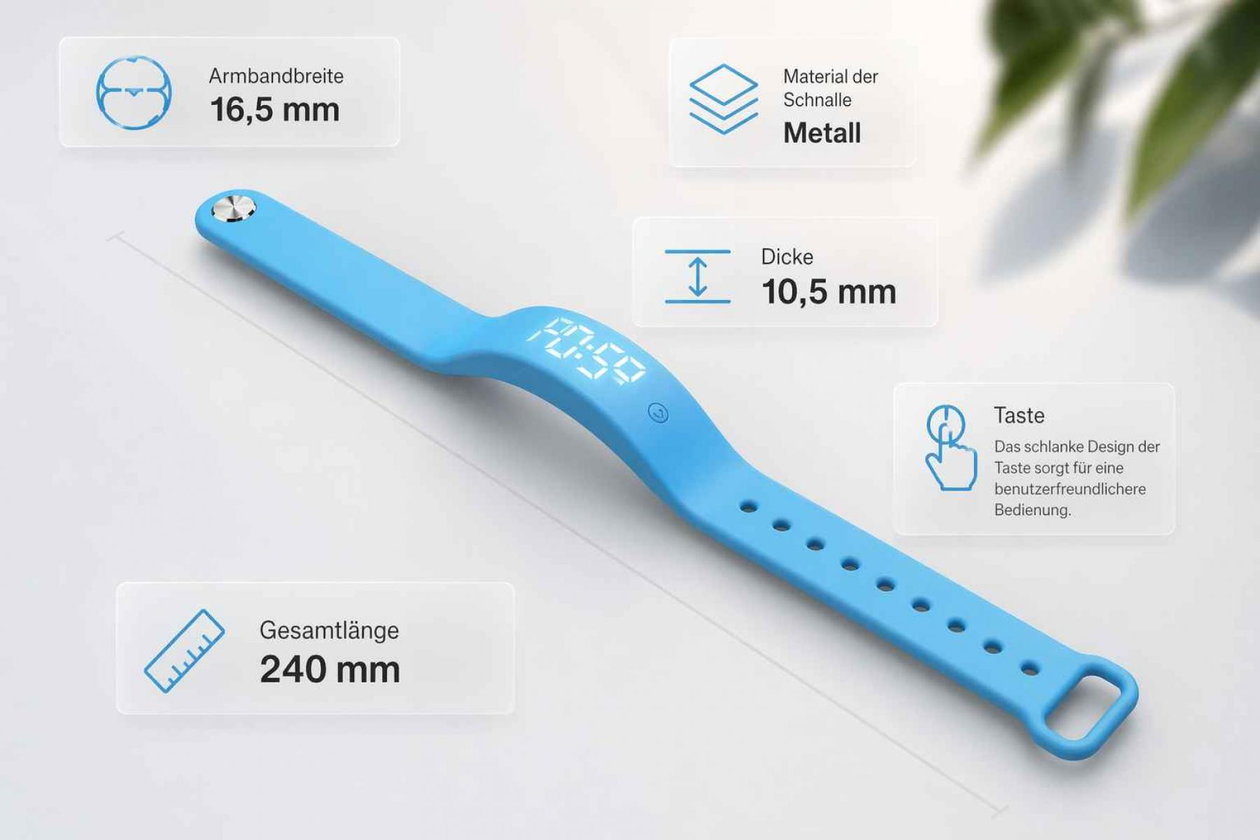 Blaue Smartwatch mit Display, 16,5mm Bandbreite, 10,5mm Dicke.
