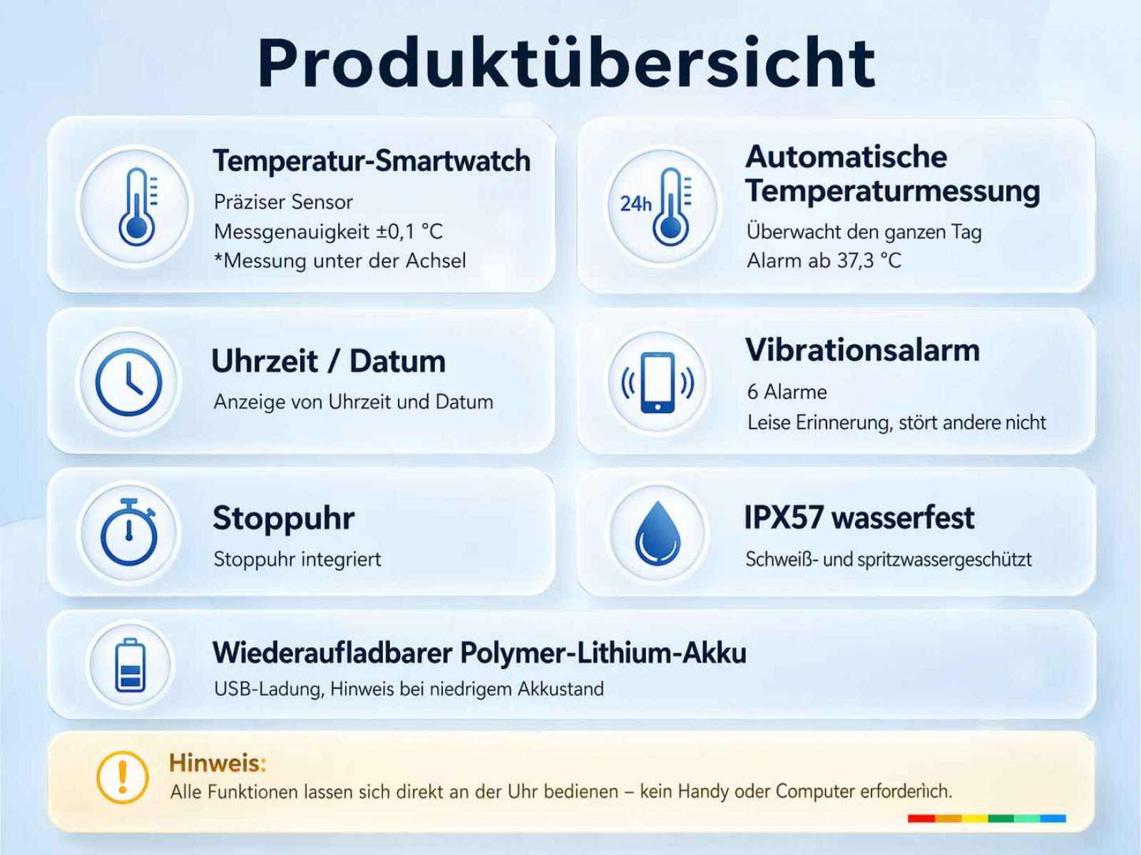 Produktübersicht mit 6 Funktionen: Temperatur-Smartwatch, Uhrzeit/Datum, Stoppuhr, Vibrationsalarm, IPX57 wasserfest, Akku.