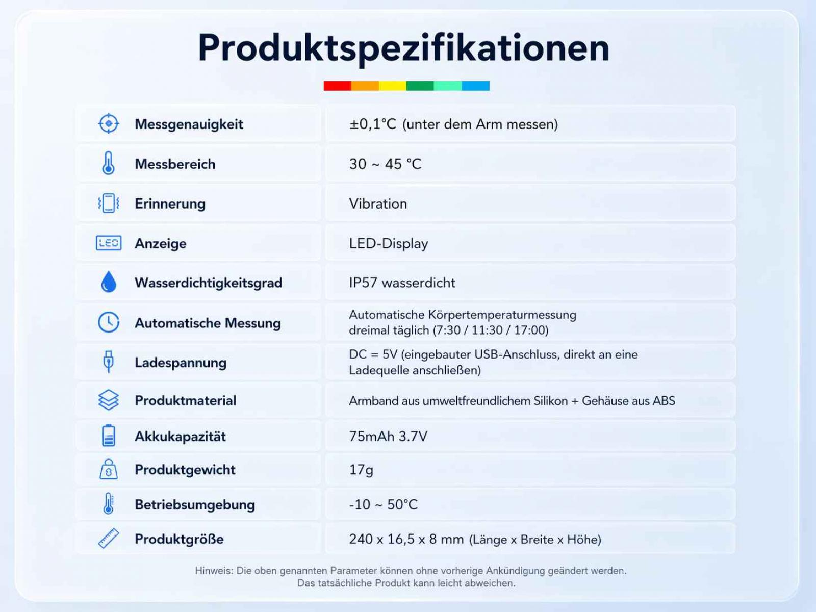Produktspezifikationen mit Messgenauigkeit, Messbereich, Erinnerung, Anzeige, Wasserdichtigkeit, Ladespannung, Material, Kapazität, Gewicht, Umgebung, Größe.