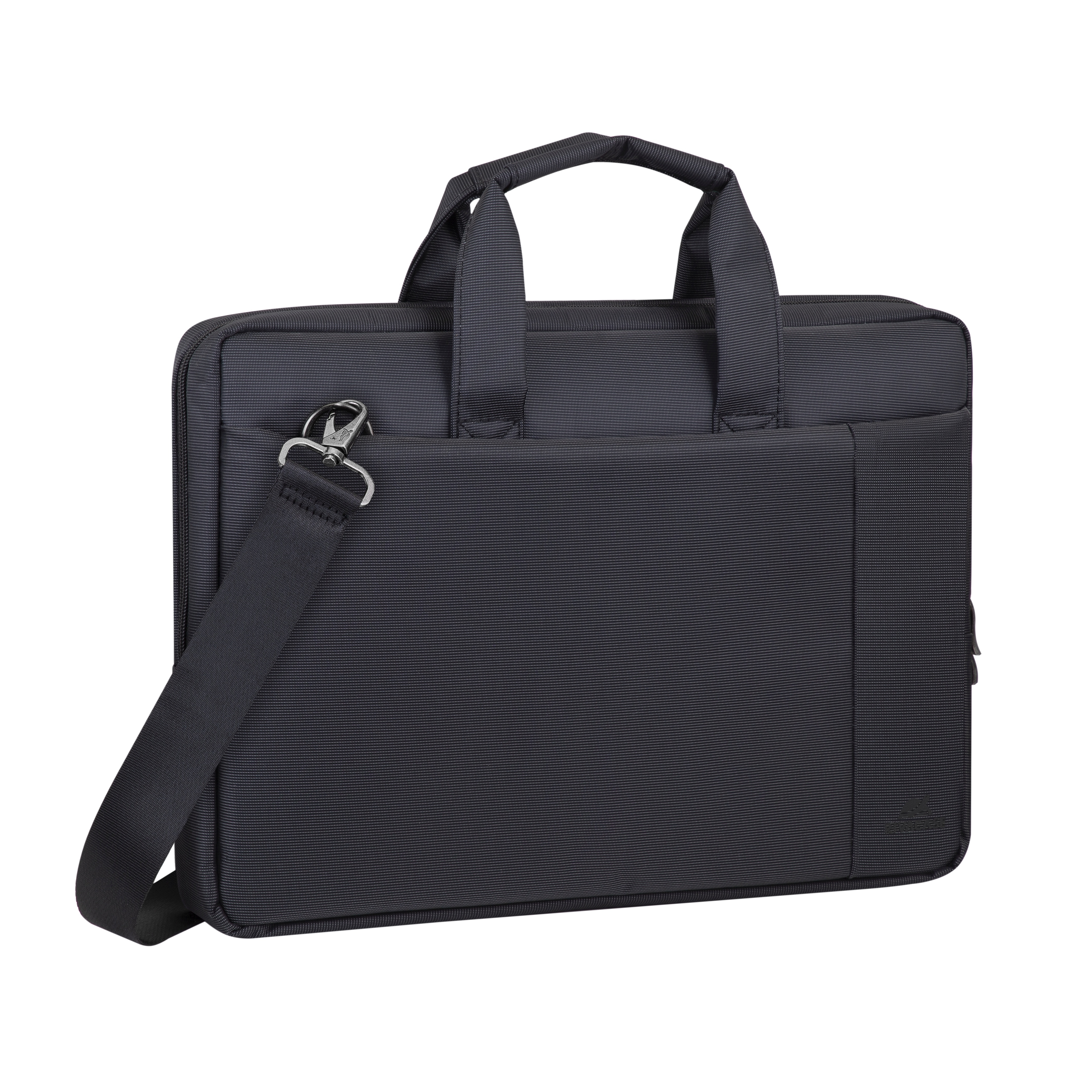 Een donkere laptoptas met handvatten en schouderband.