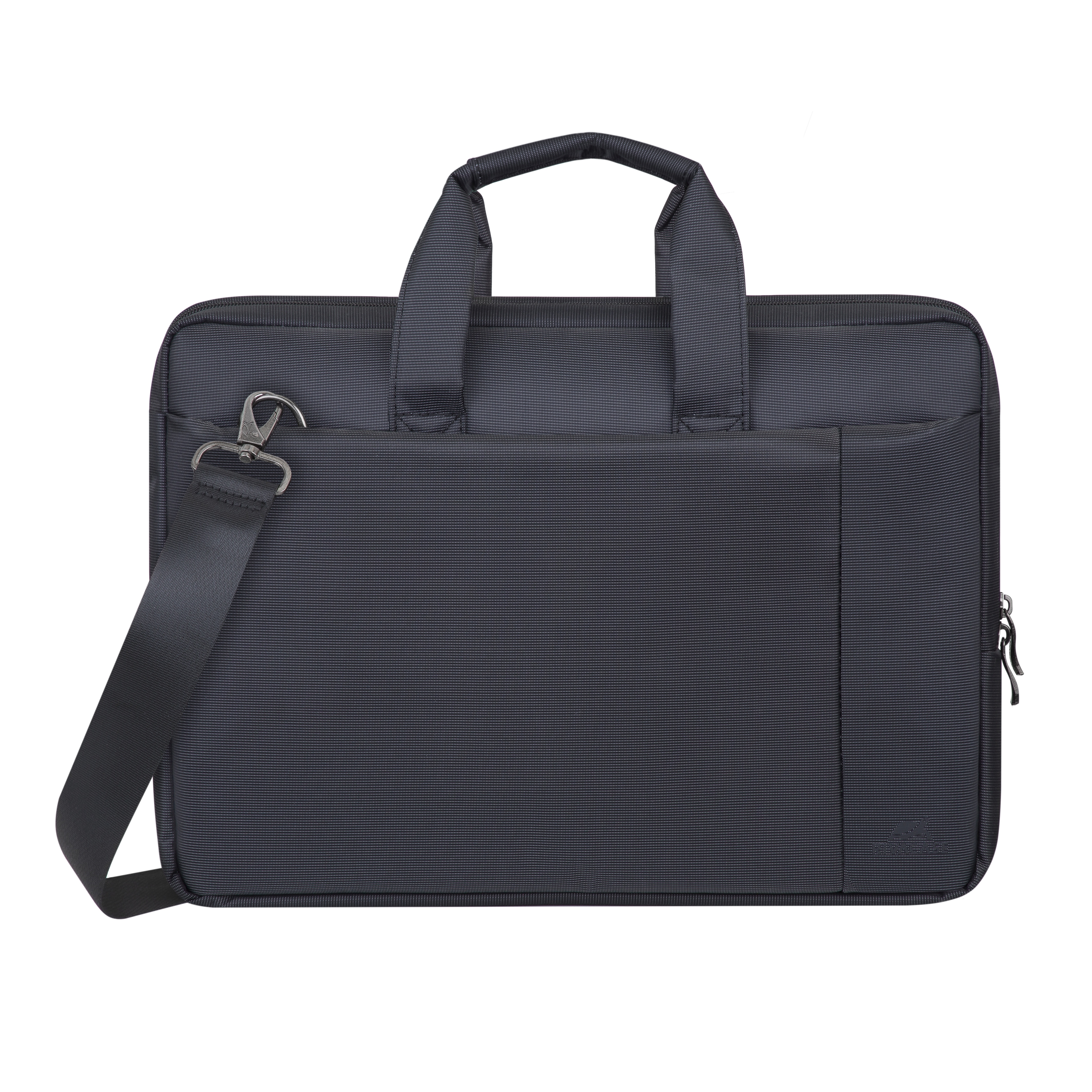 Een donkere laptoptas met handvatten en schouderband.