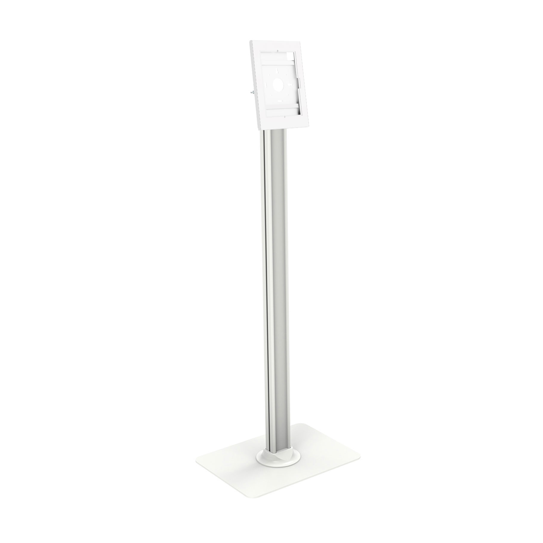 Un soporte blanco para tableta sobre una base rectangular con un poste metálico delgado.