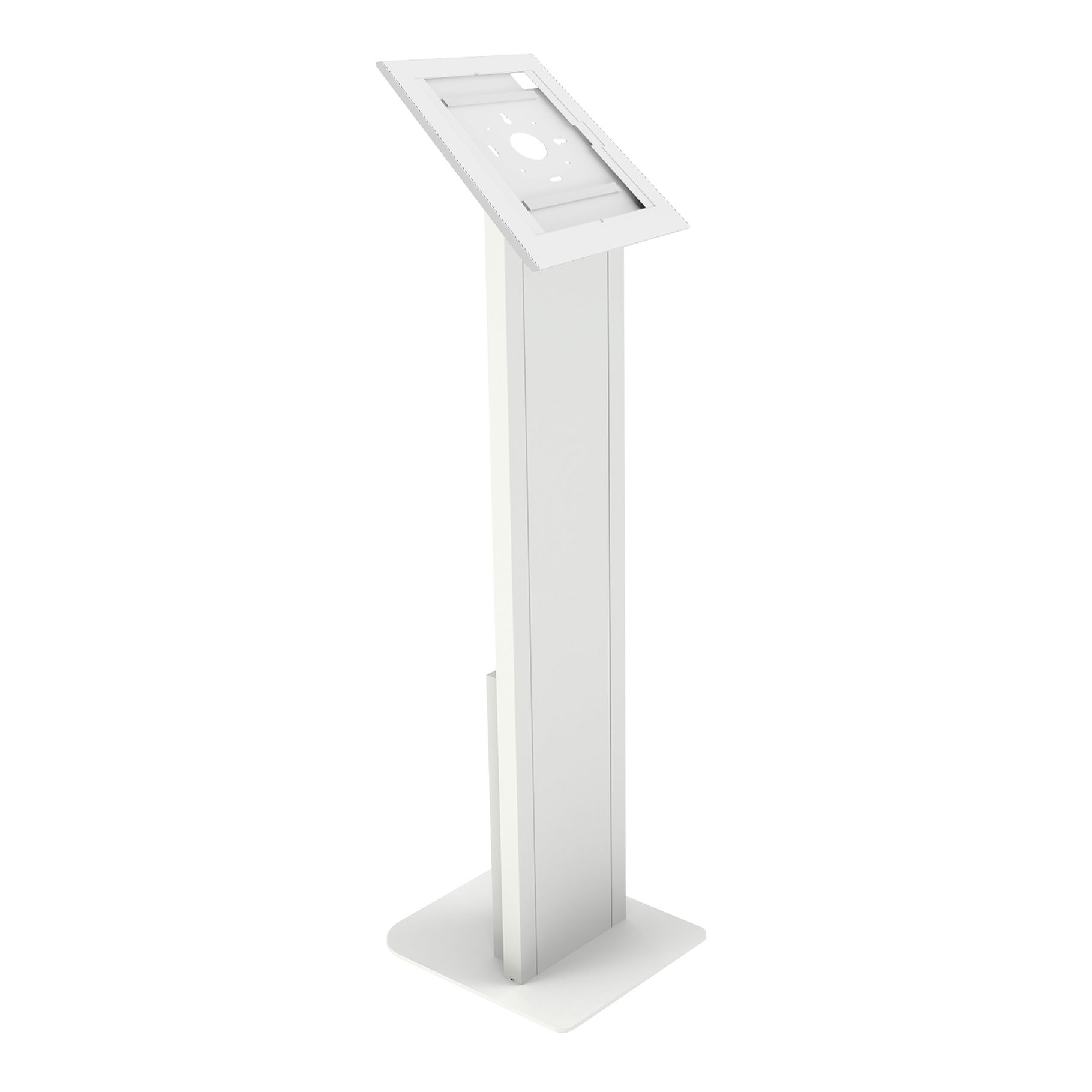 Un supporto bianco per tablet o schermo poggia su una base.