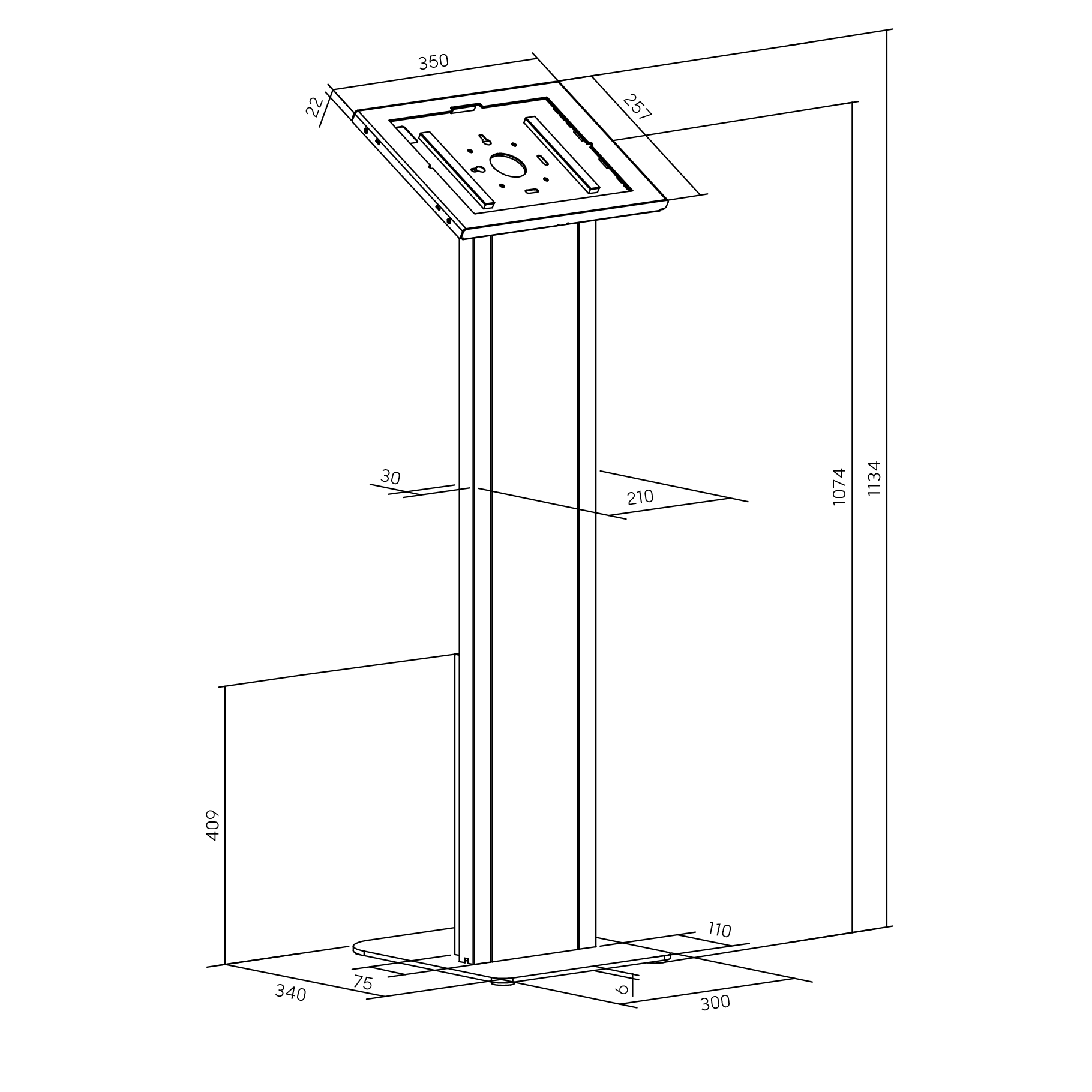 Dibujo técnico de un soporte con dimensiones. Soporte superior, con una columna debajo.