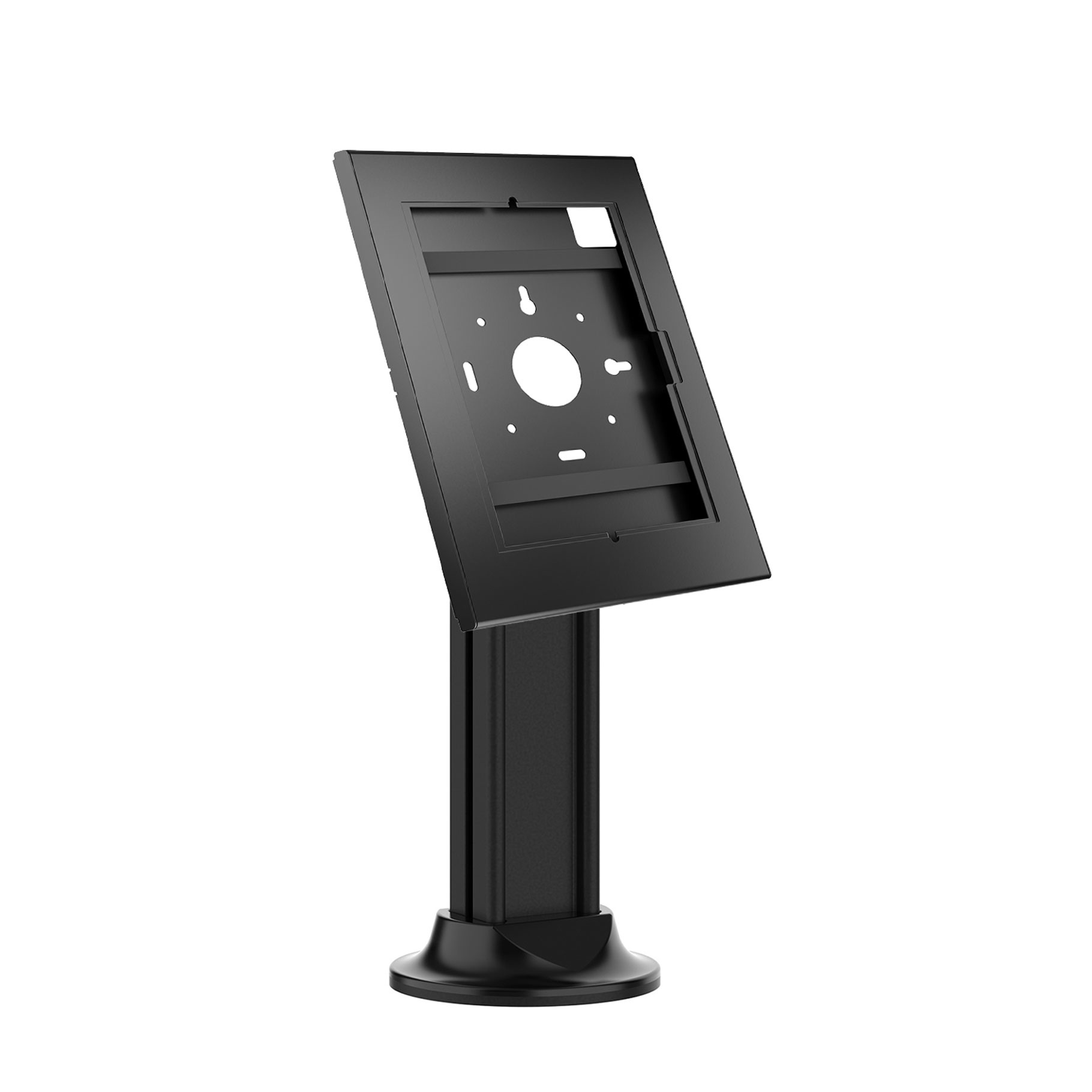 Un soporte para tableta negro con base circular y cuello ajustable.