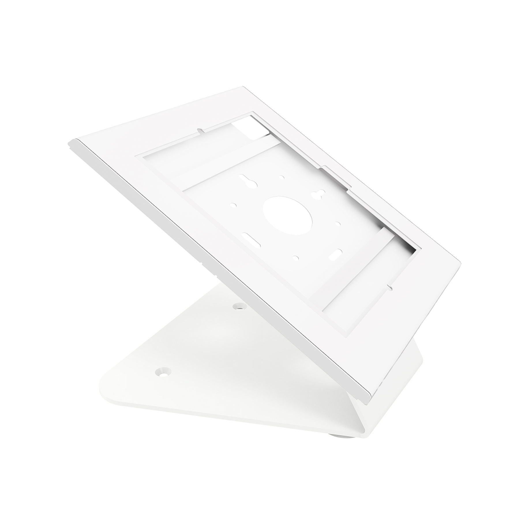 Un soporte blanco para una tableta, sobre fondo blanco.