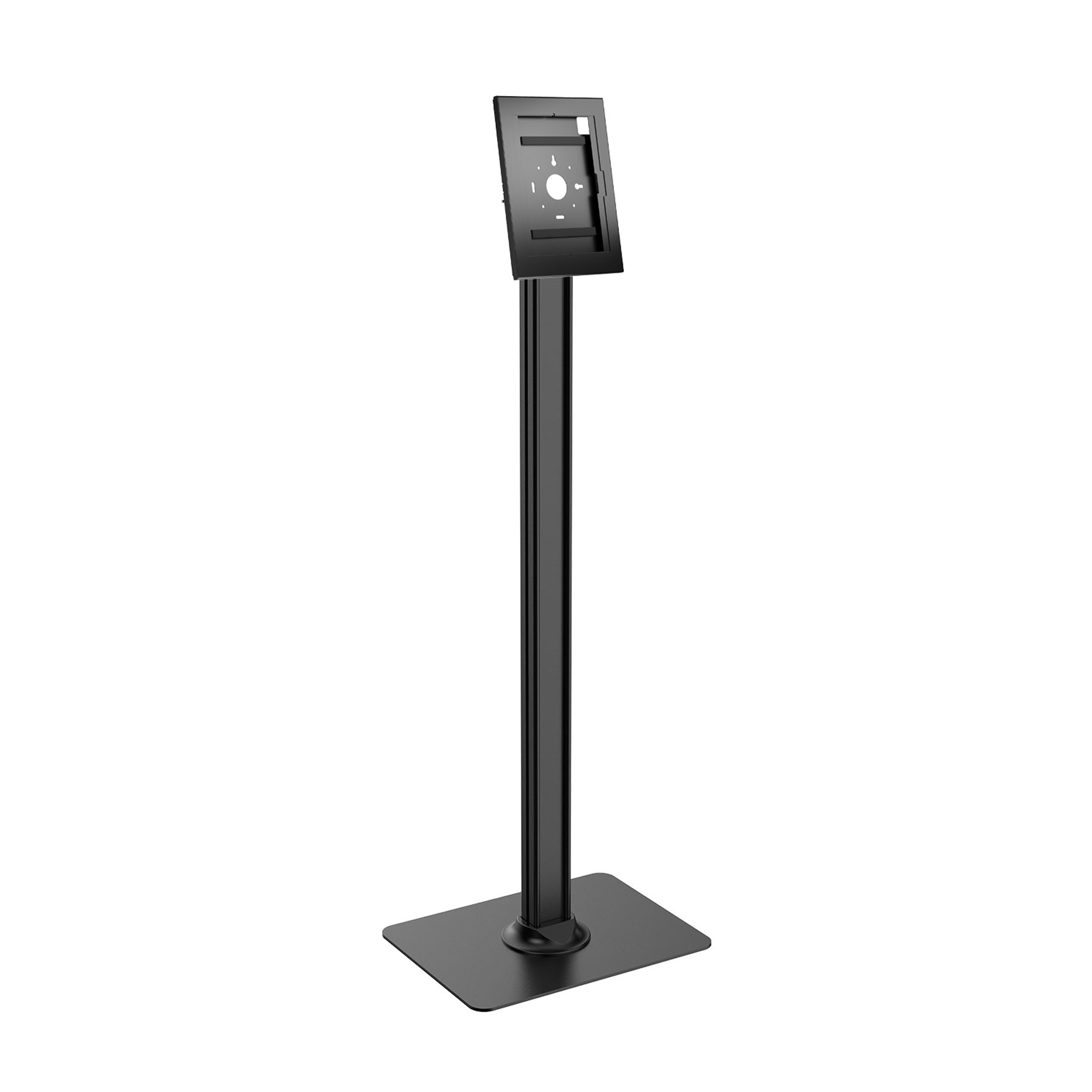 Un soporte para tableta negro con base rectangular y brazo ajustable.