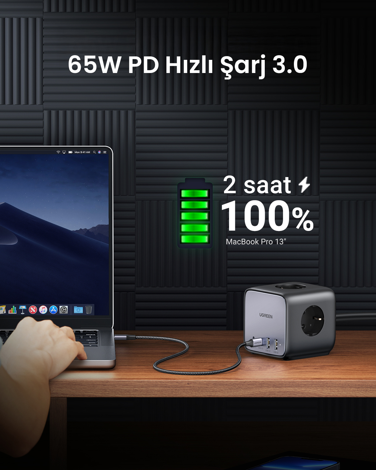 Un MacBook Pro si sta caricando con un caricatore PD da 65W, raggiungendo il 100% in 2 ore.