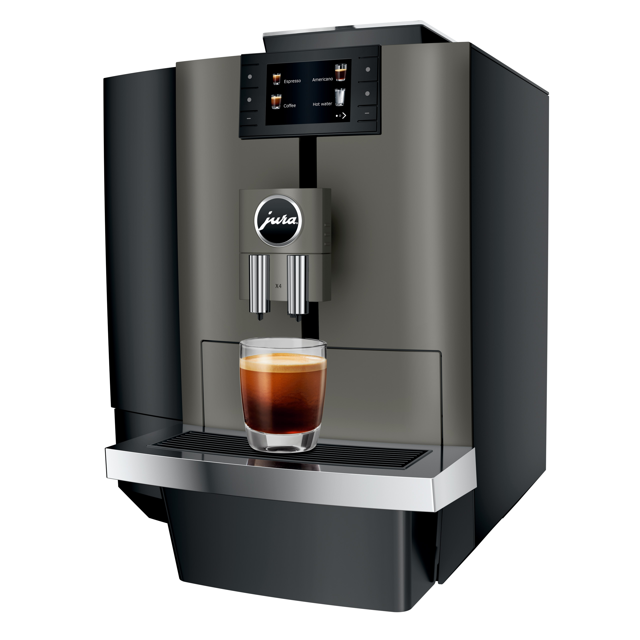 Una macchina da caffè grigia con un bicchiere di espresso e un menu touchscreen.