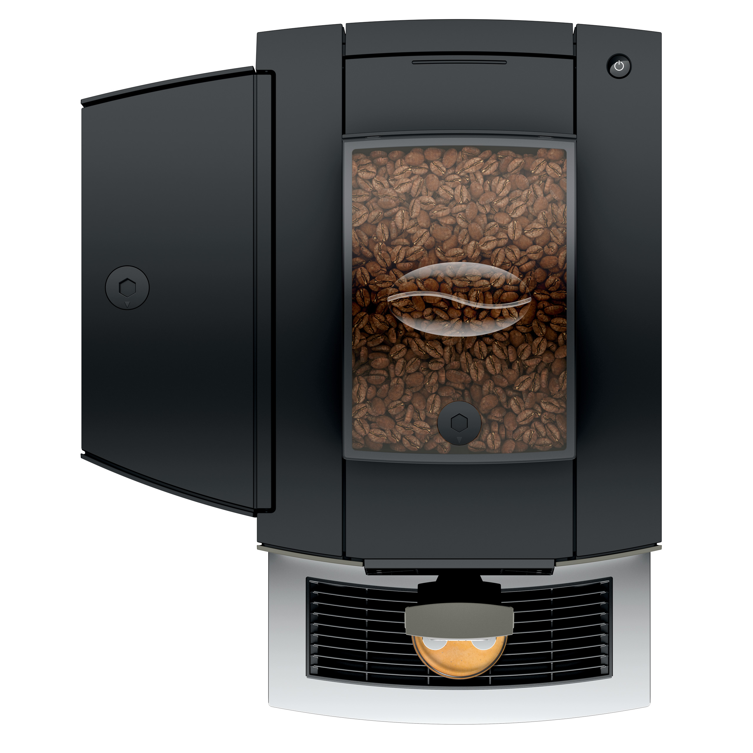 Macchina da caffè con contenitore chicchi, pulsante accensione e vaschetta raccogligocce.