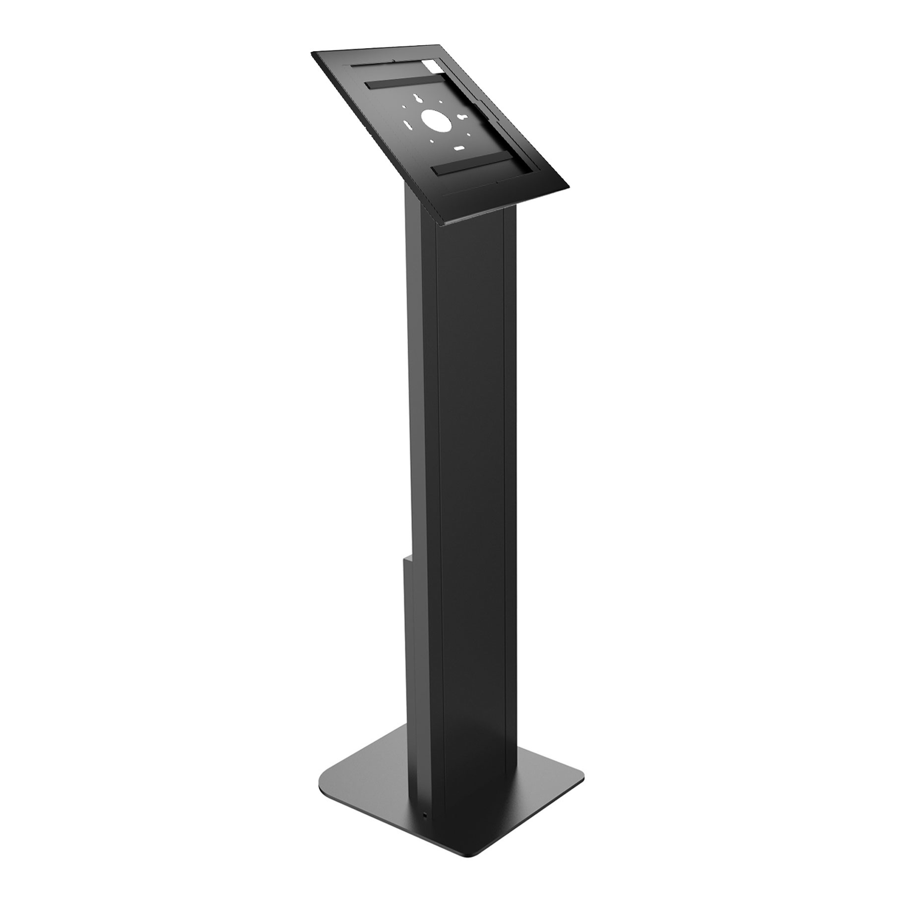 Un soporte negro para tableta con base rectangular.