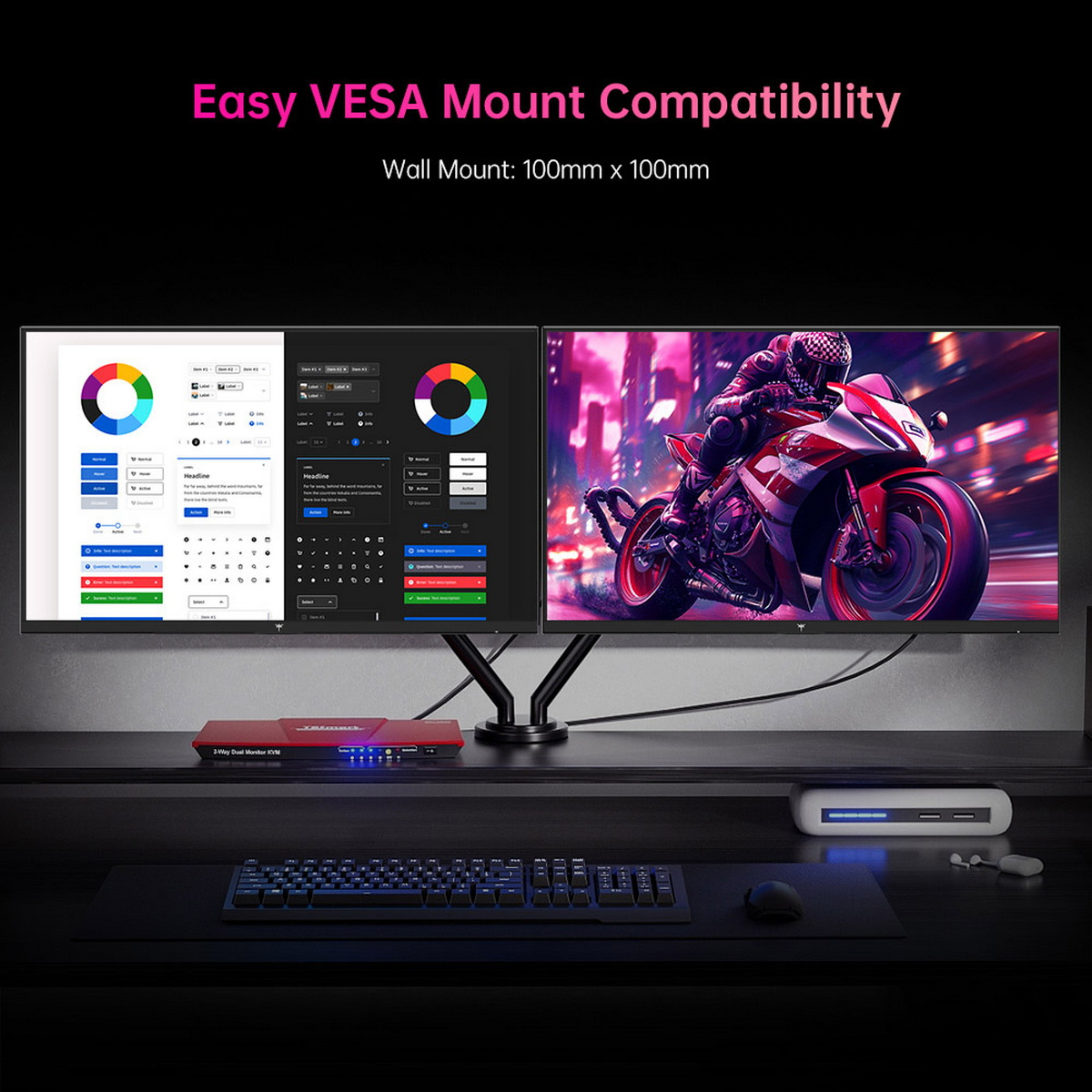 Zwei Monitore, einer mit UI-Design, der andere mit einem Motorrad-Rennfahrer.