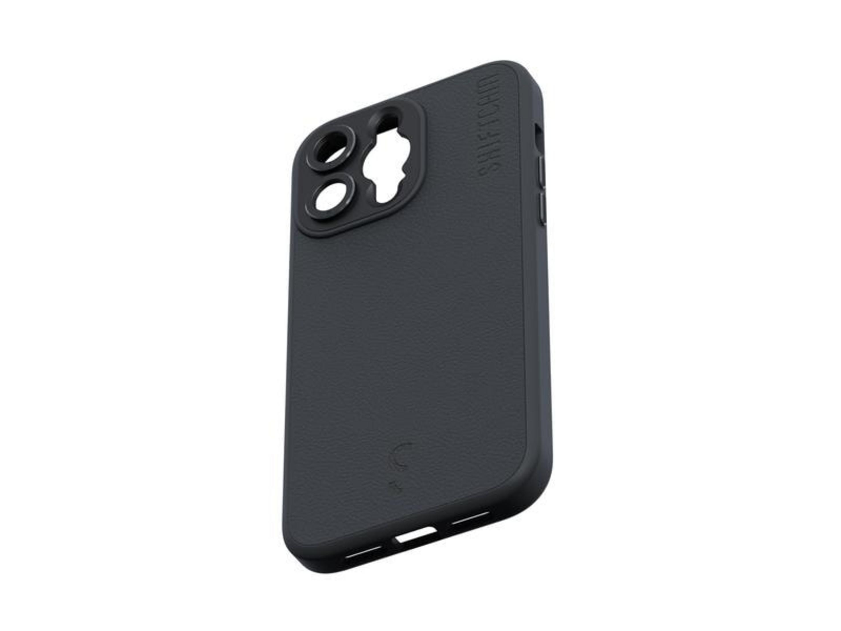 Kamera kesimli ve logolu koyu gri telefon kılıfı.