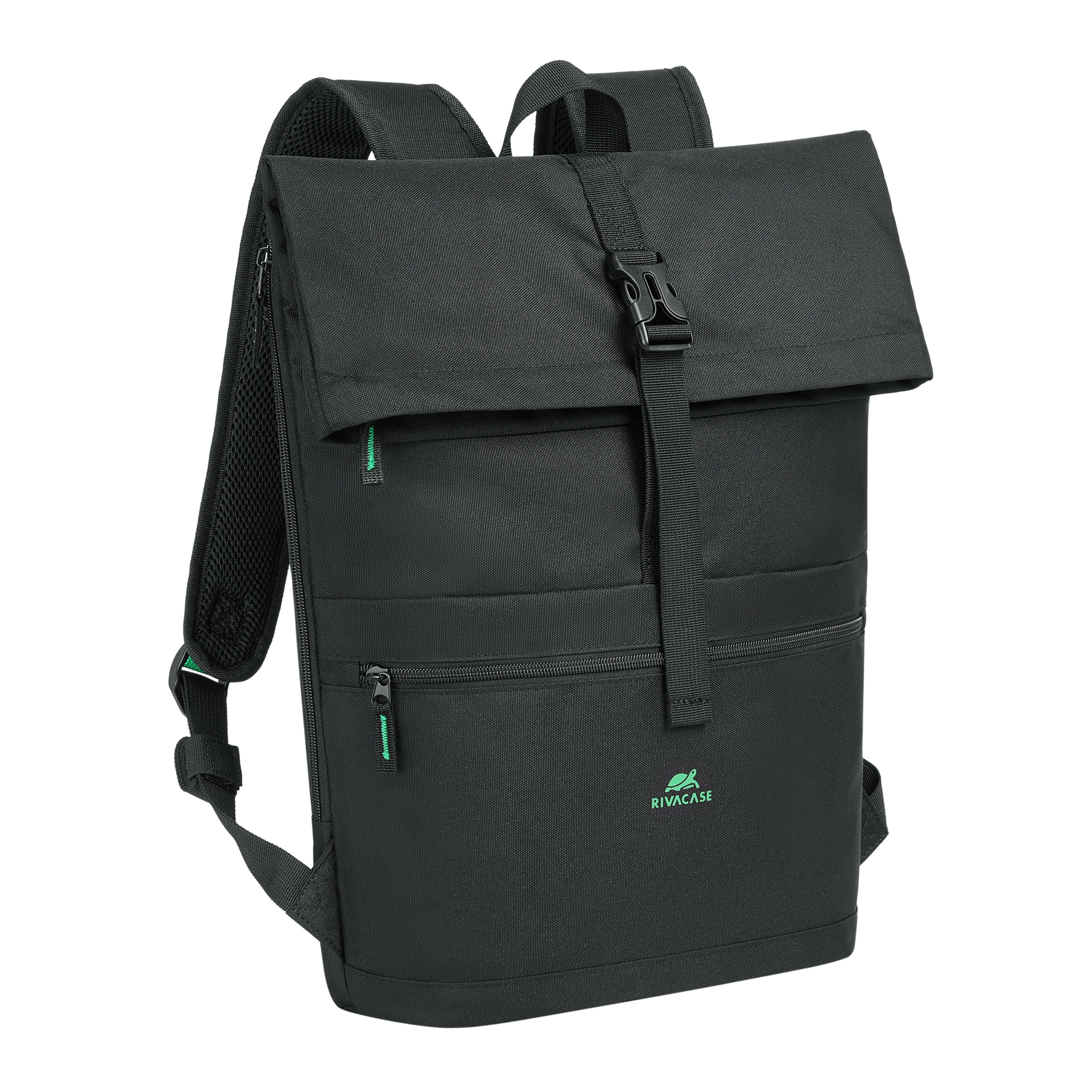 Schwarzer Rucksack mit Reißverschlusstaschen und grünen Akzenten auf weißem Hintergrund.