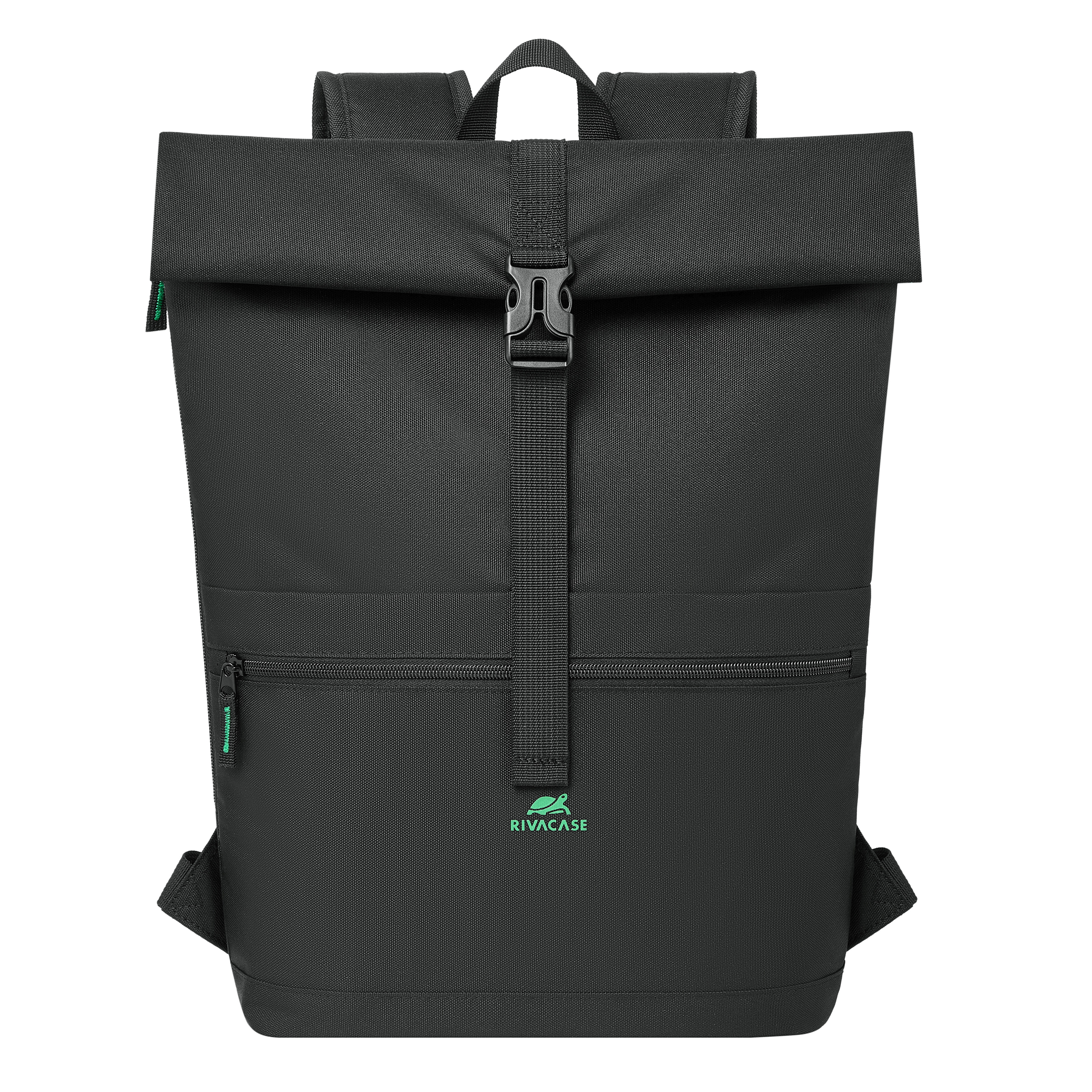 Ein schwarzer Rucksack mit Rollverschluss und Schnalle. Mit RVOCASE-Logo.