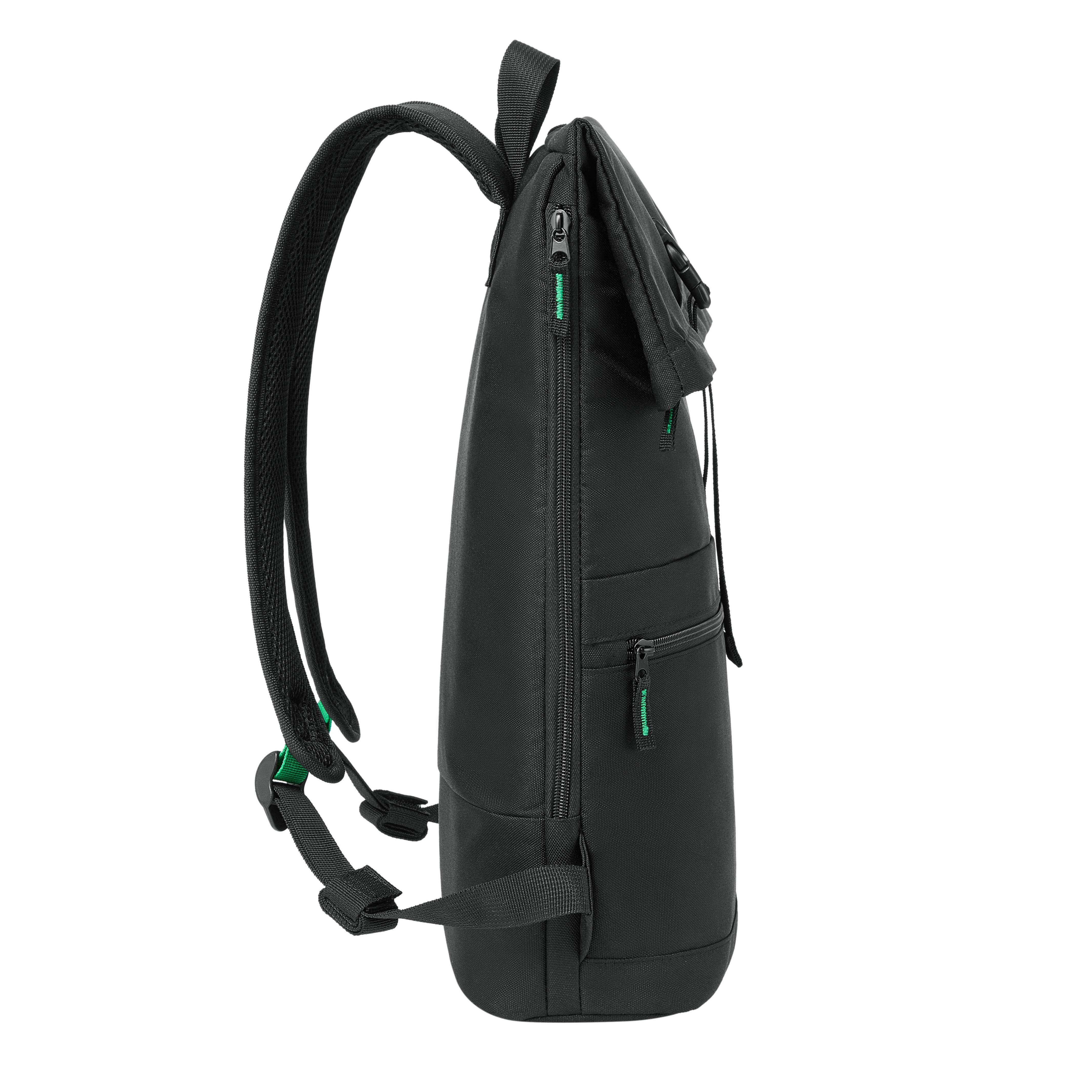 Ein schwarzer Rucksack mit grünen Akzenten und Reißverschlüssen.
