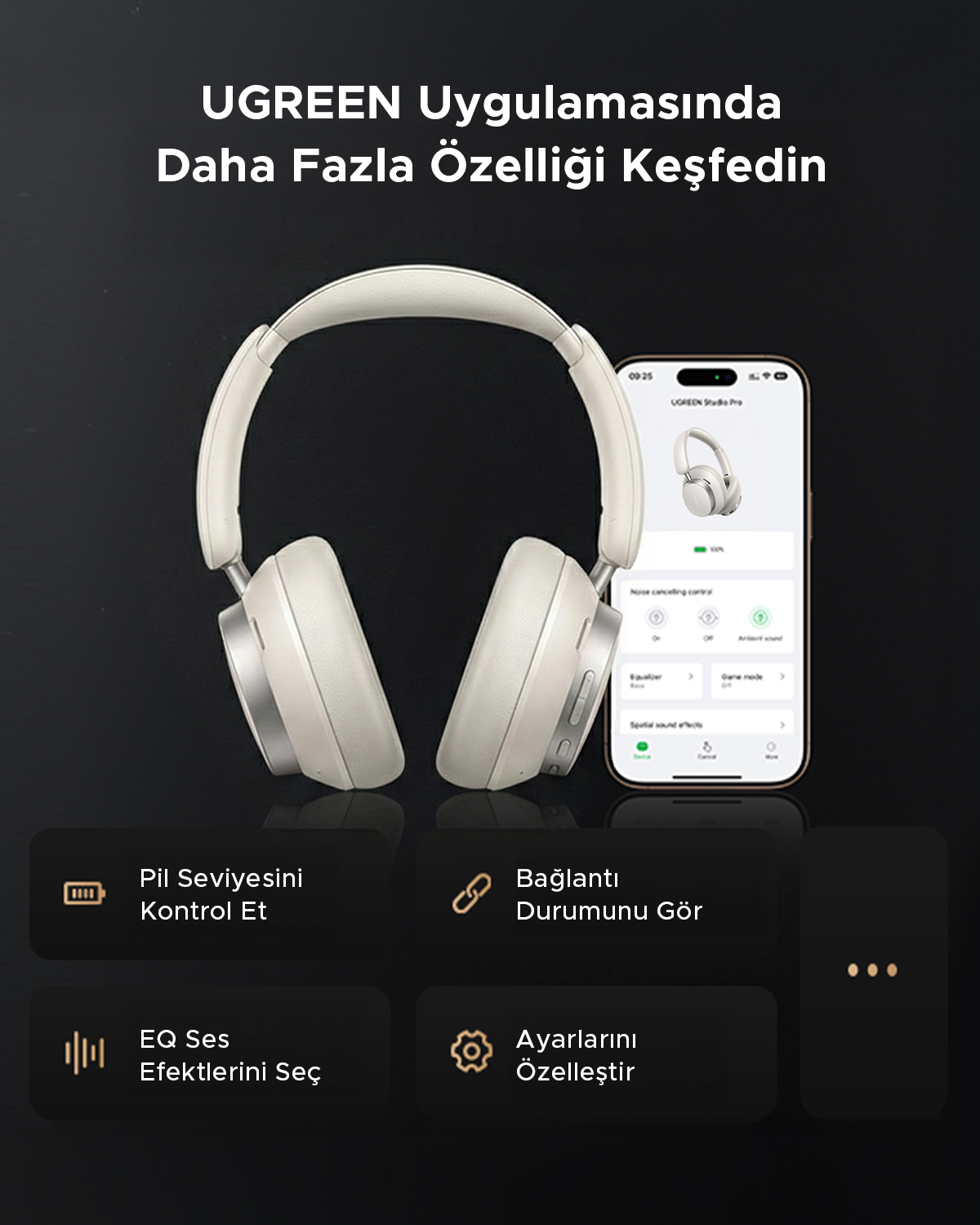 Białe słuchawki i smartfon z aplikacją UGREEN. Funkcje: Sprawdź baterię, EQ, połączenie, ustawienia.