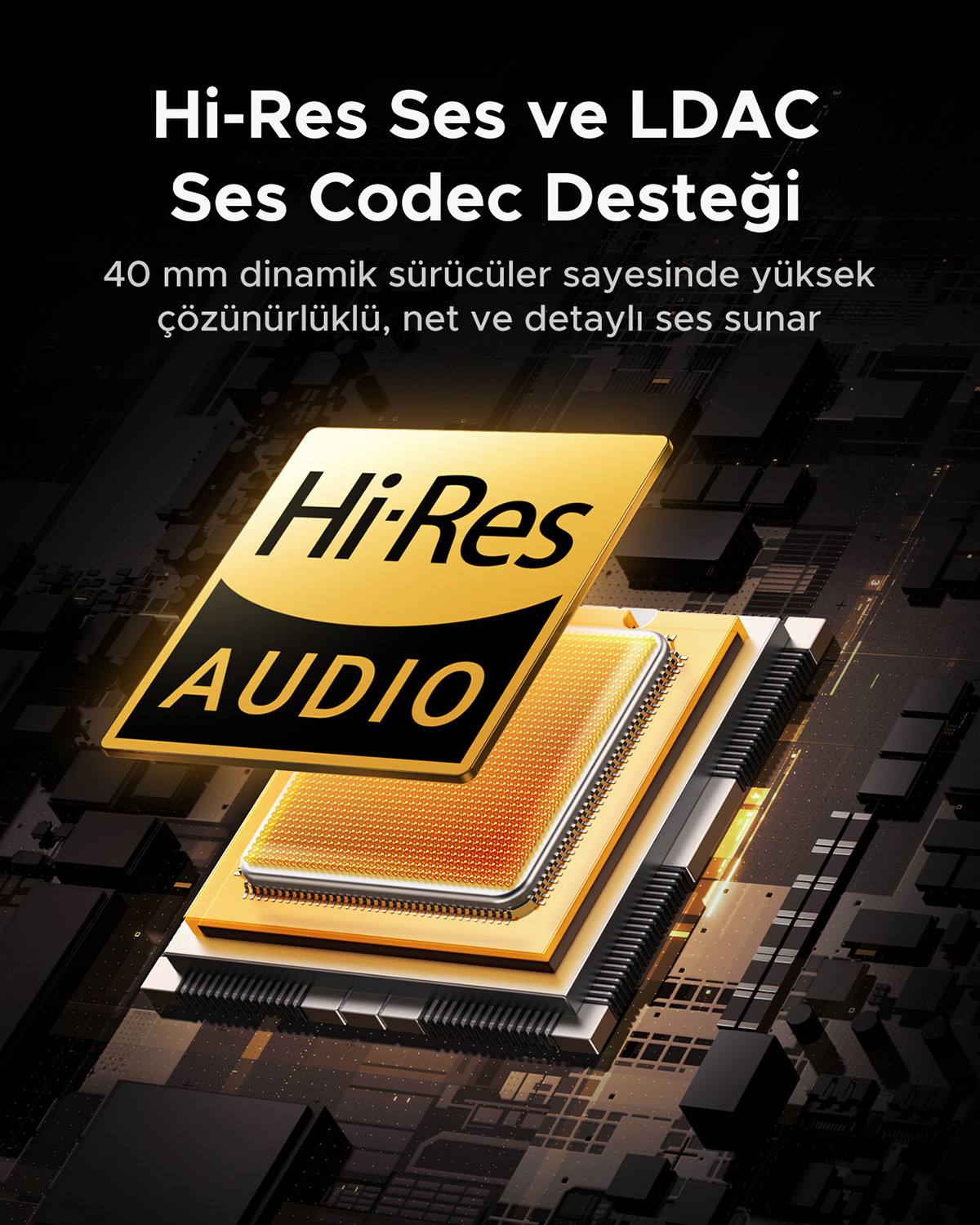 Logo Hi-Res Audio na złotym chipie na ciemnym tle.