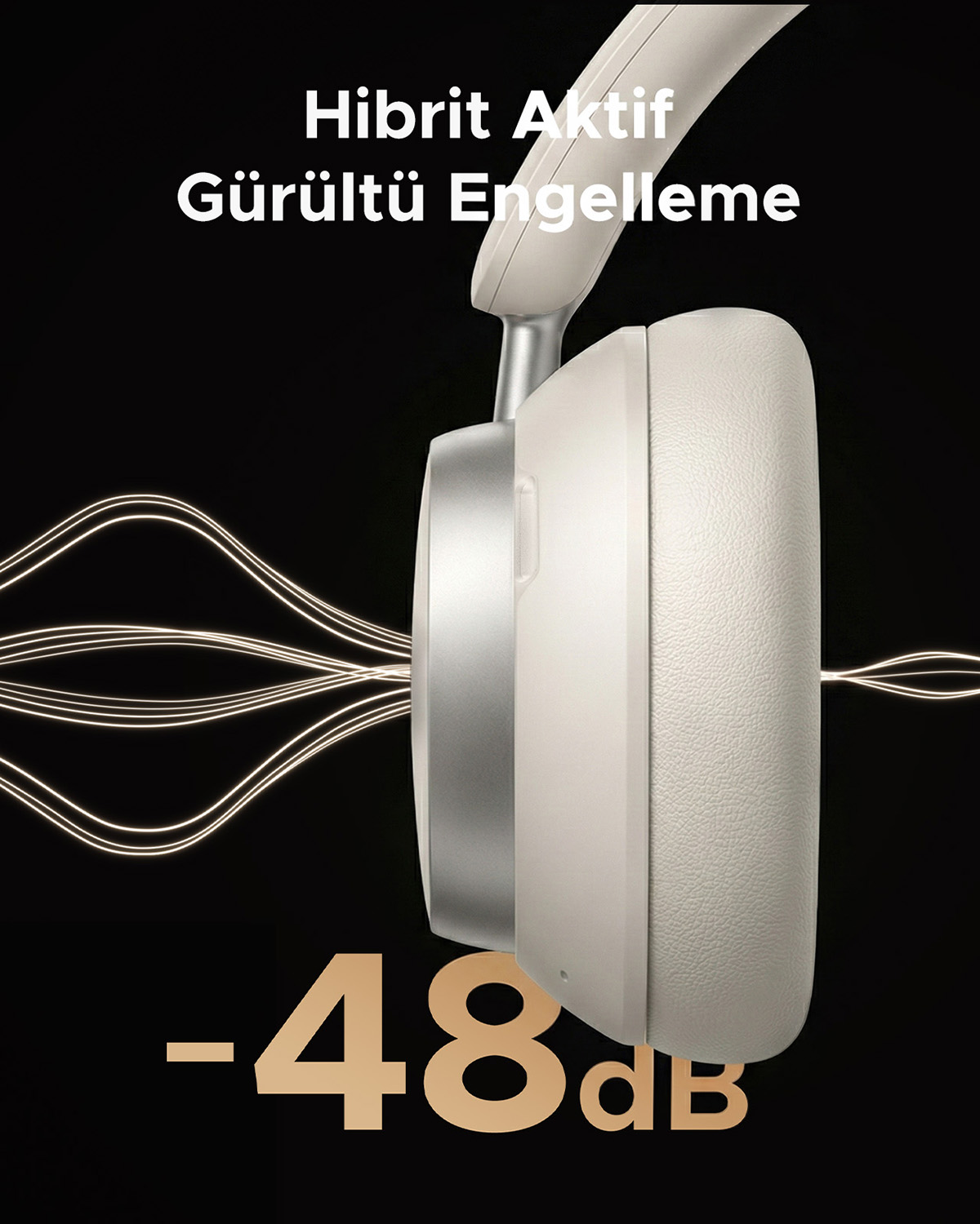 Beżowe słuchawki z aktywną redukcją szumów -48 dB.