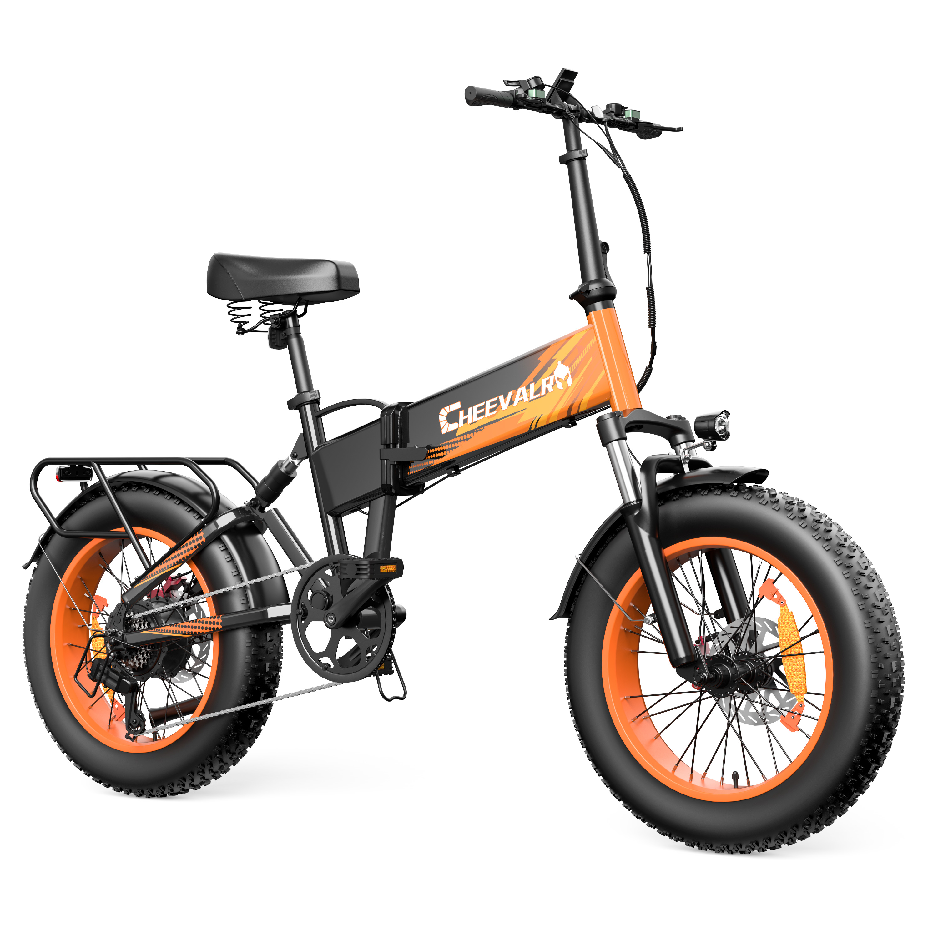 Pomarańczowo-czarny rower elektryczny fatbike ze składaną ramą, bagażnikiem i lampką.