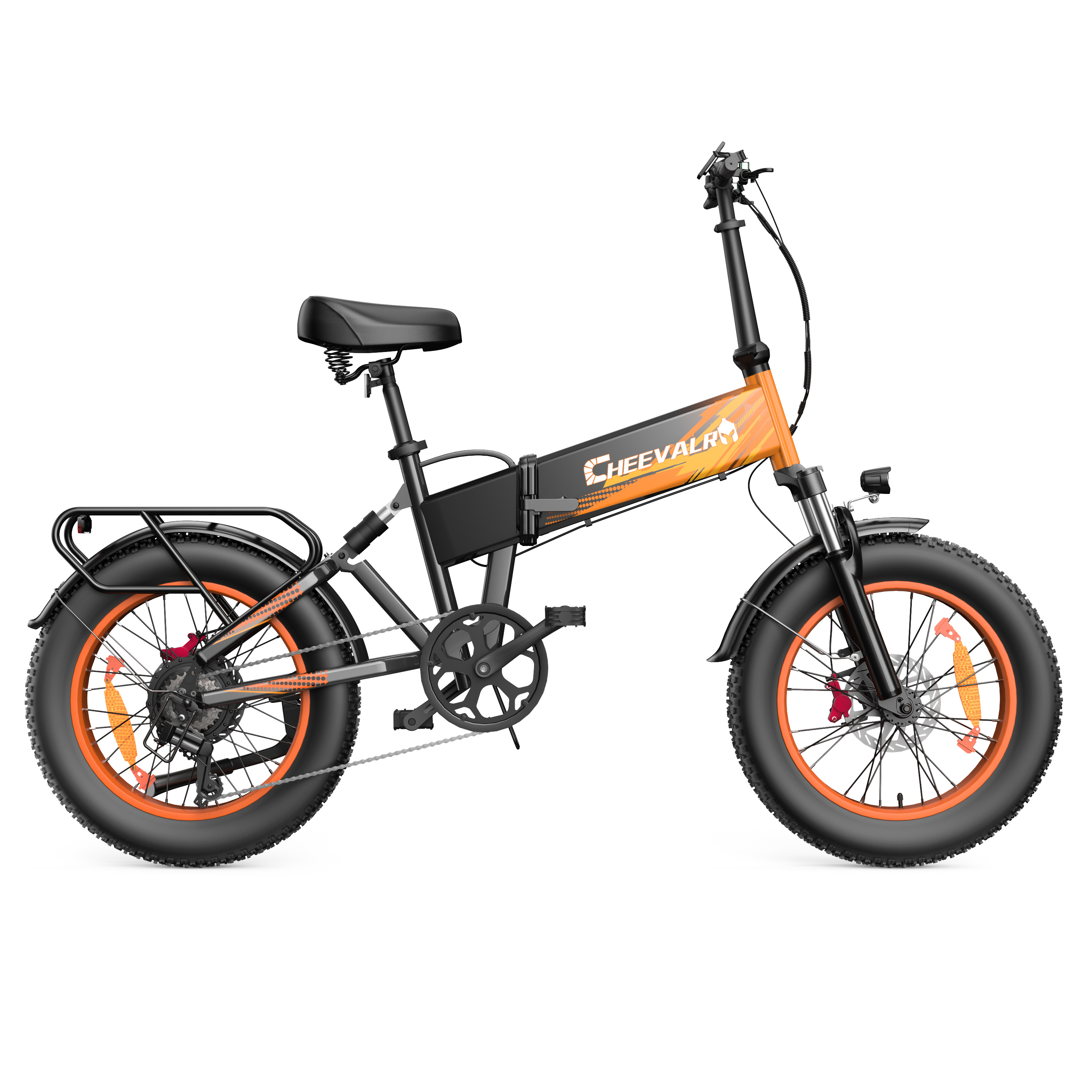 Składany rower elektryczny typu fatbike z pomarańczowymi akcentami i czarną ramą.