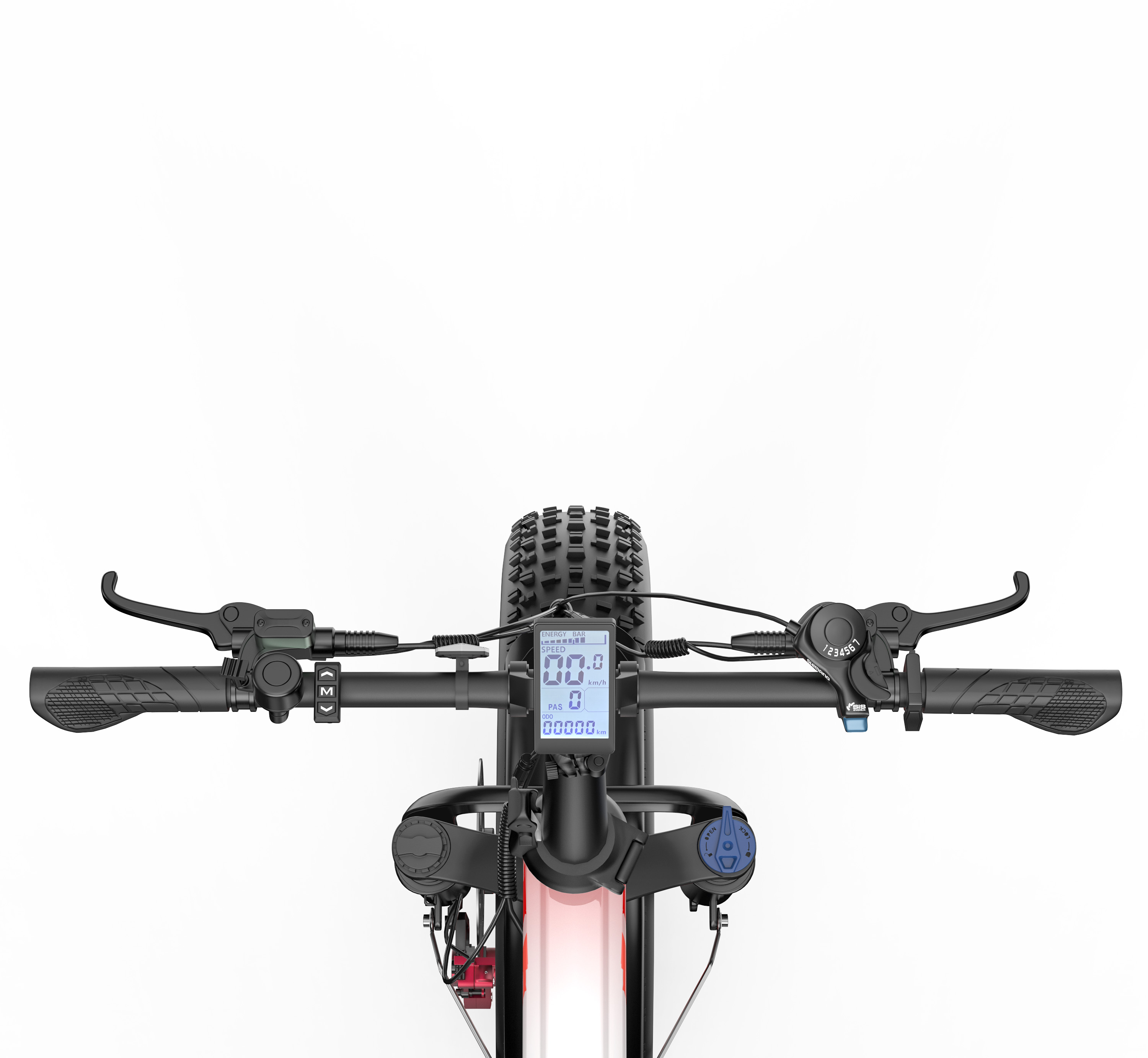 Zbliżenie kierownicy roweru elektrycznego z wyświetlaczem, hamulcami i manetką.
