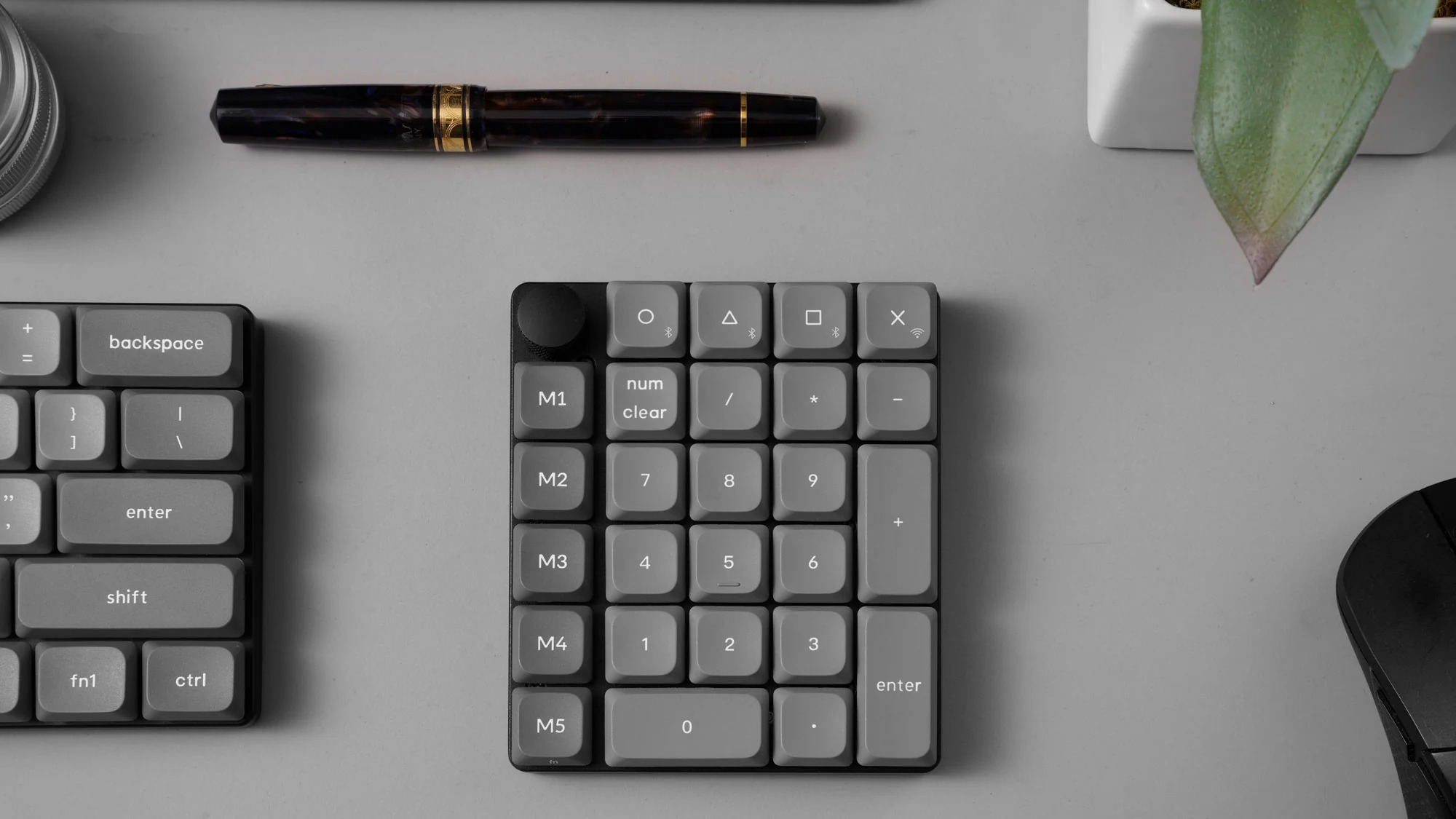 Szara klawiatura z klawiszami, pióro i roślina na szarym biurku.