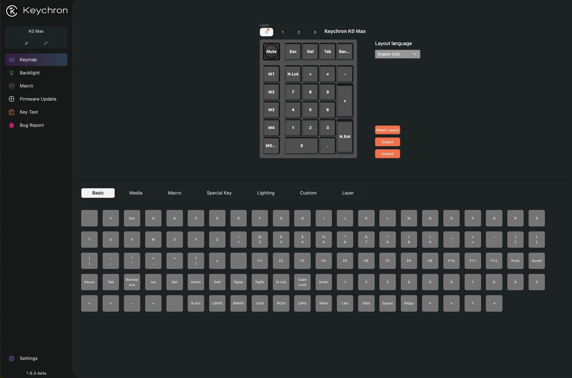 Oprogramowanie Keychron K0 Max: Ustawienia Keymap z wirtualną klawiaturą i opcjami.