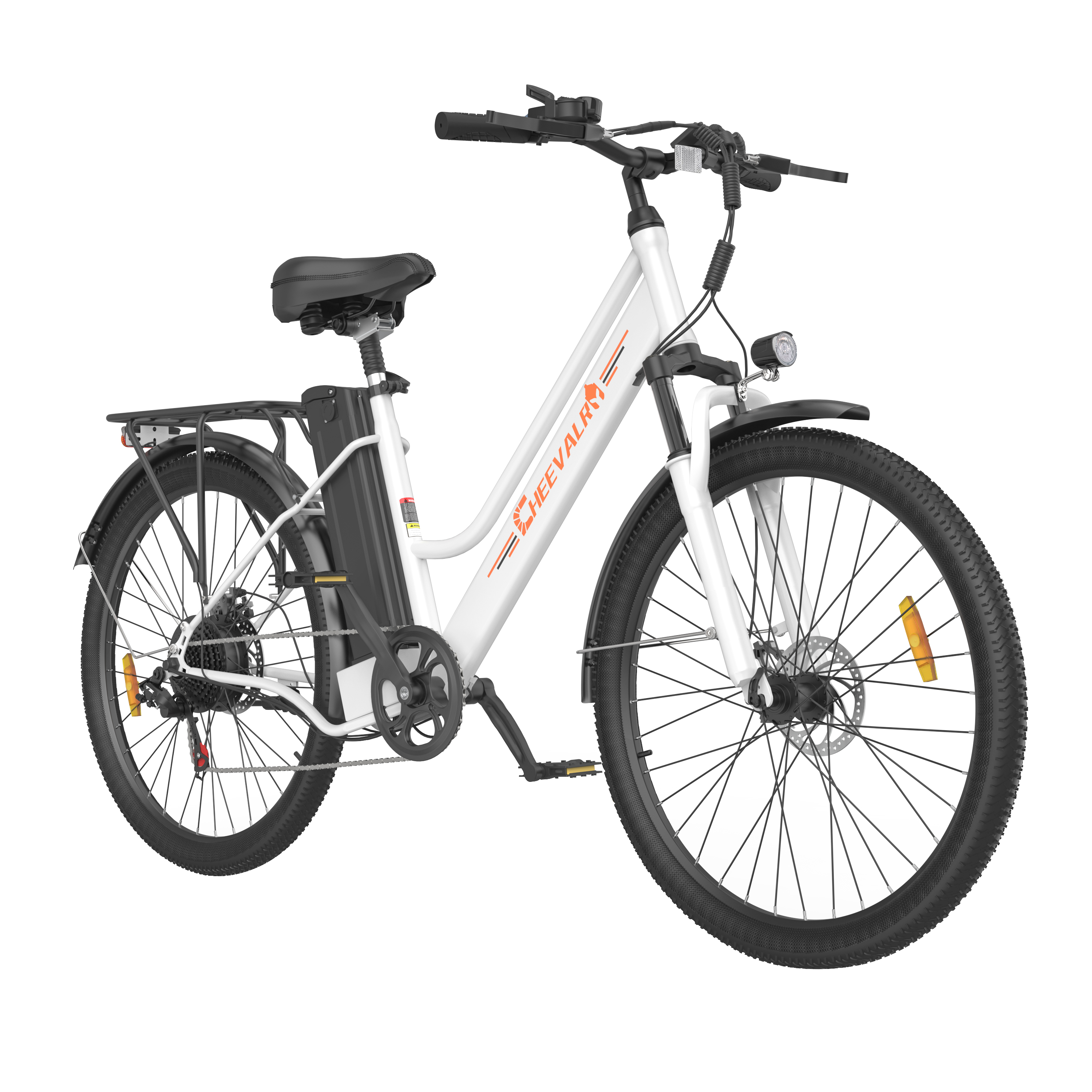 Biały rower elektryczny z czarnymi oponami, siodełkiem i bagażnikiem.