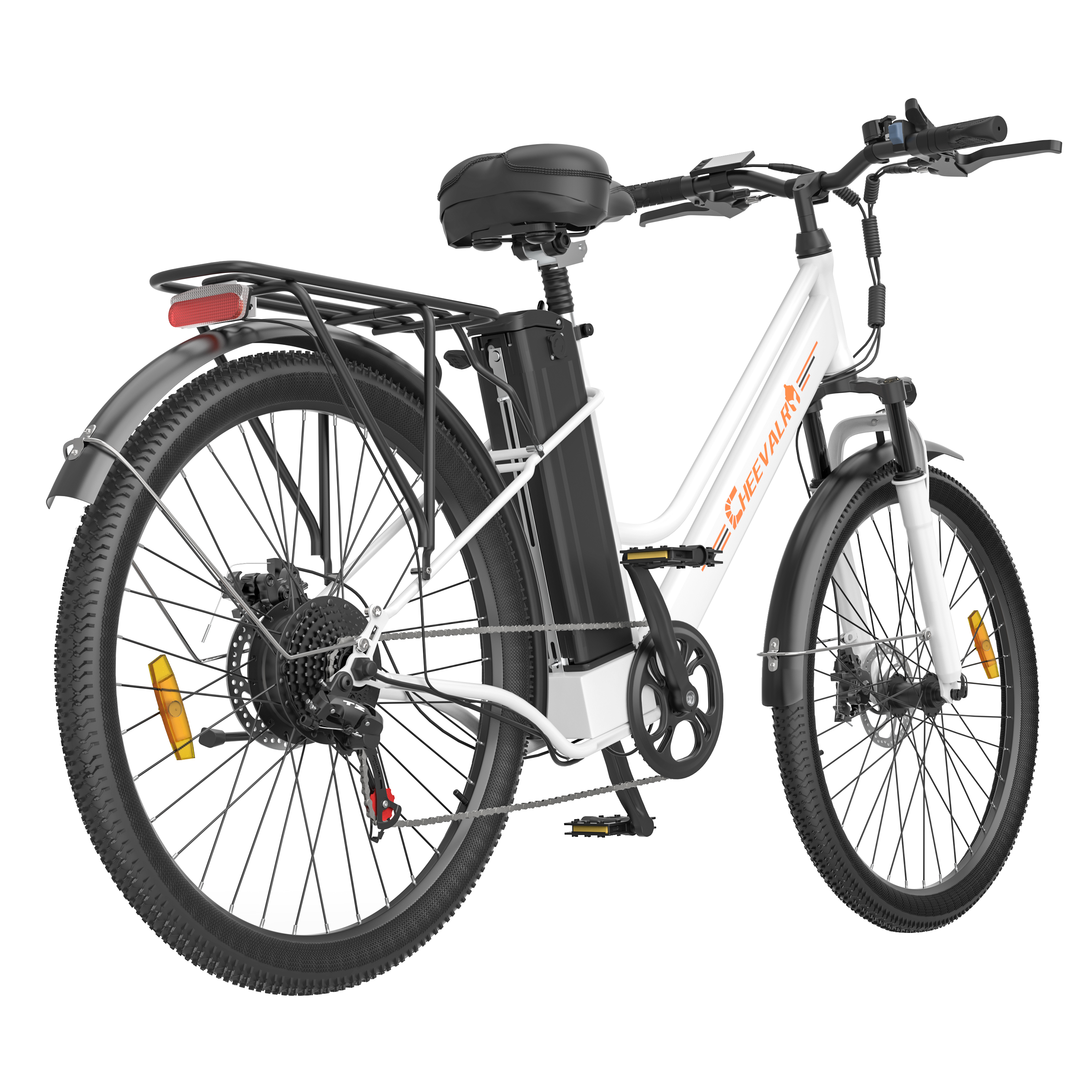 Biały rower elektryczny z czarnym bagażnikiem, baterią i siedzeniem.