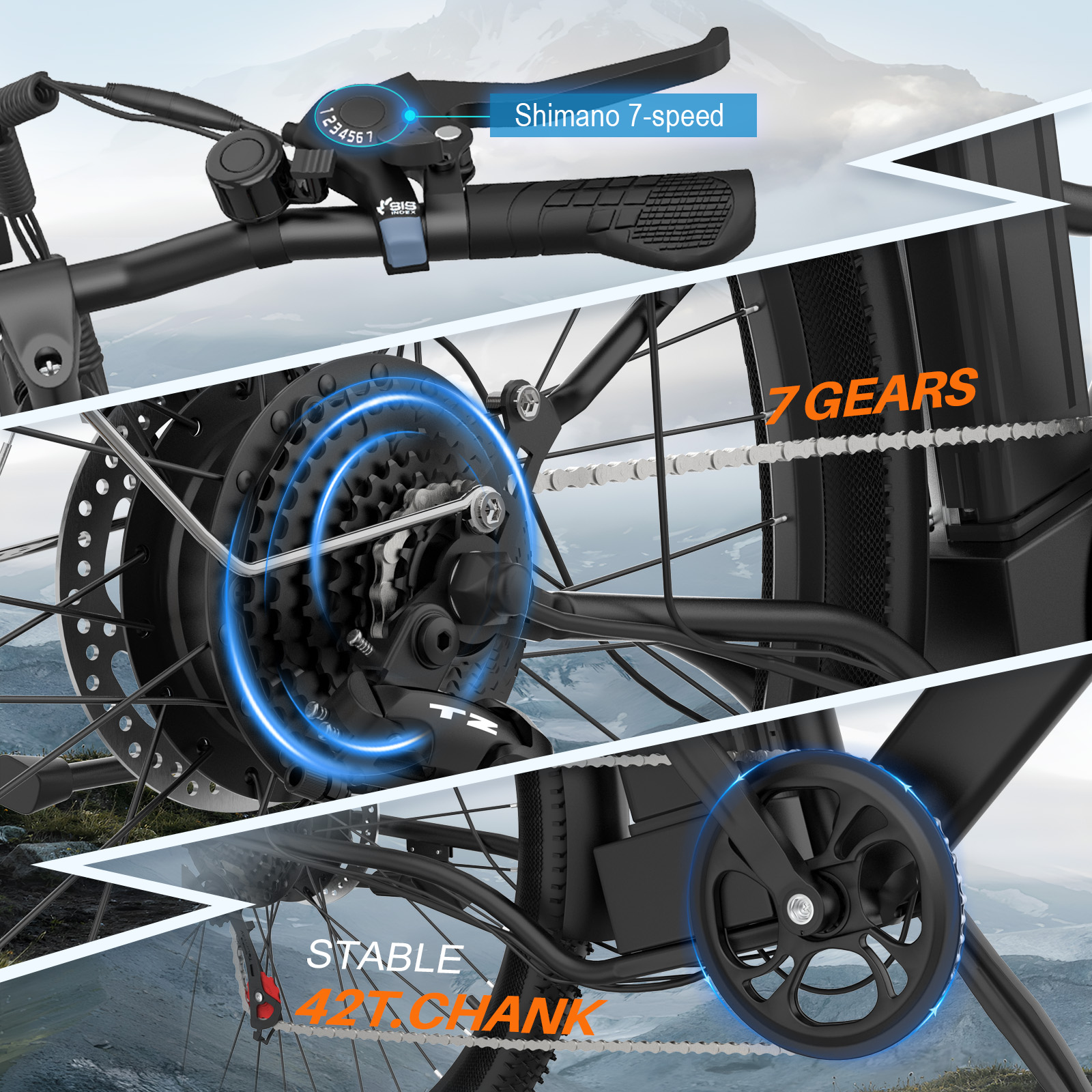 Zbliżenie napędu roweru elektrycznego, pokazujące manetkę Shimano 7-biegową, biegi i korbę.