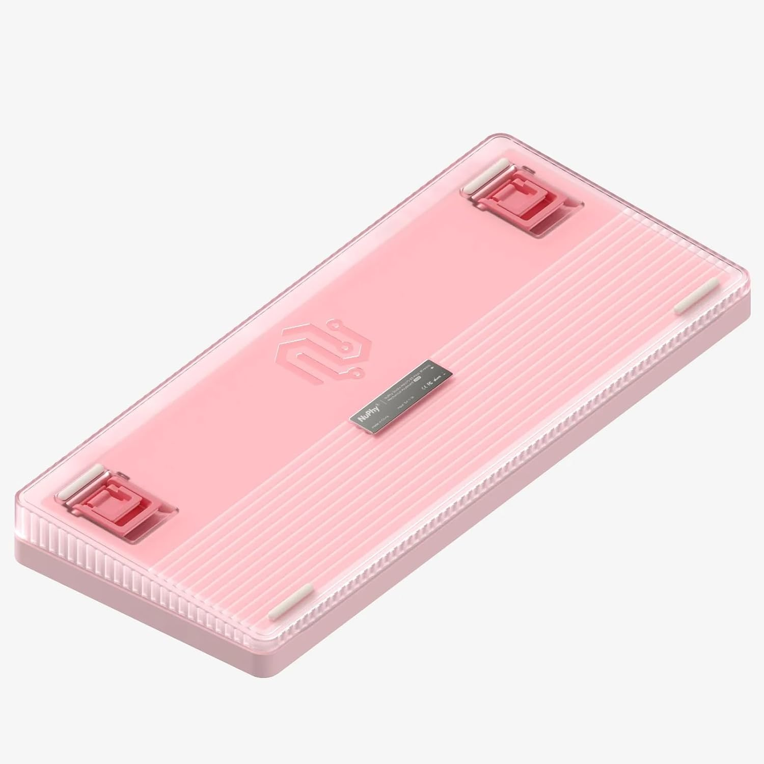 Vista inferiore del case rosa della tastiera con piedini rossi e logo NuPhy.