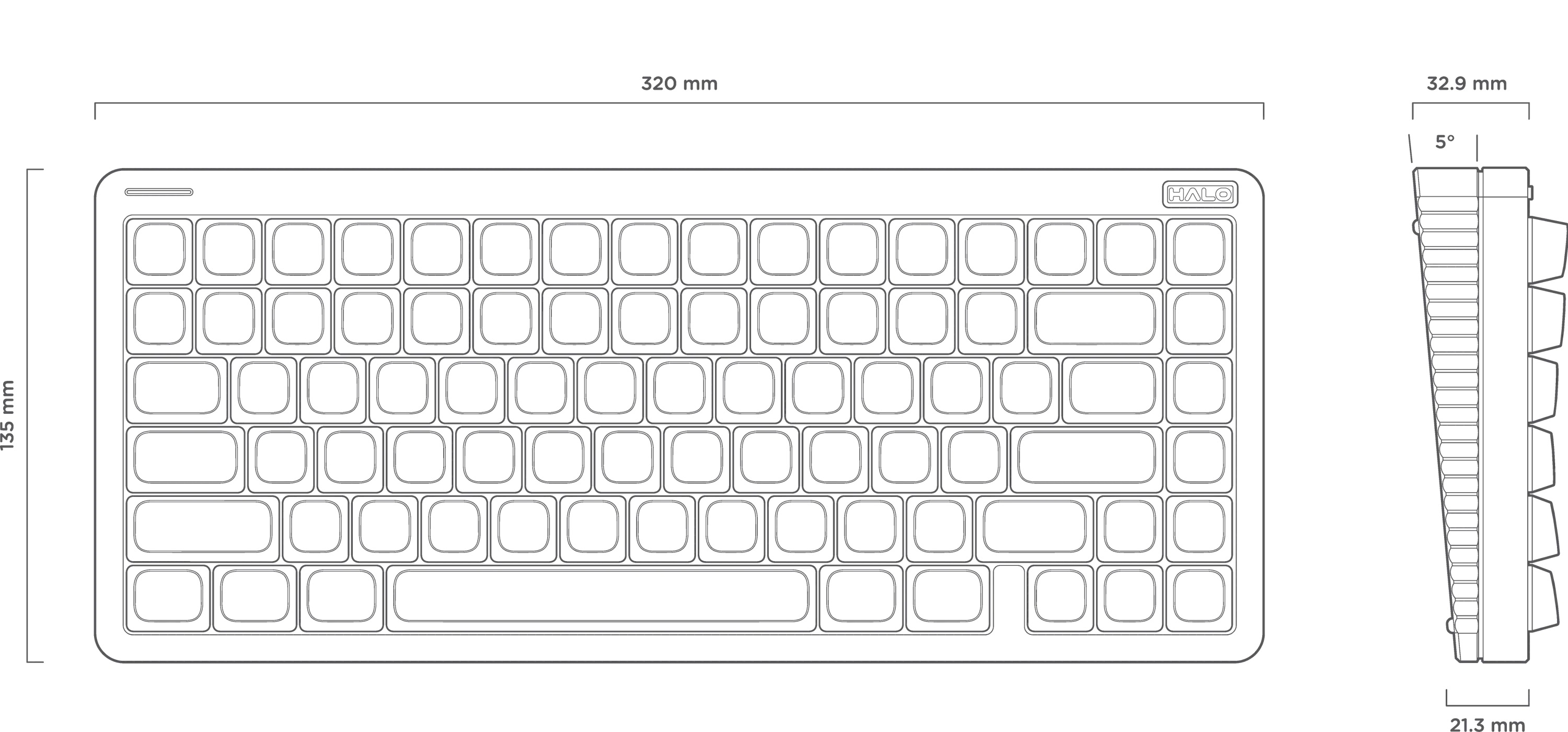 Disegno tecnico di una tastiera con dimensioni: 320 mm larghezza, 135 mm altezza, 32,9 mm spessore, angolo di 5°.