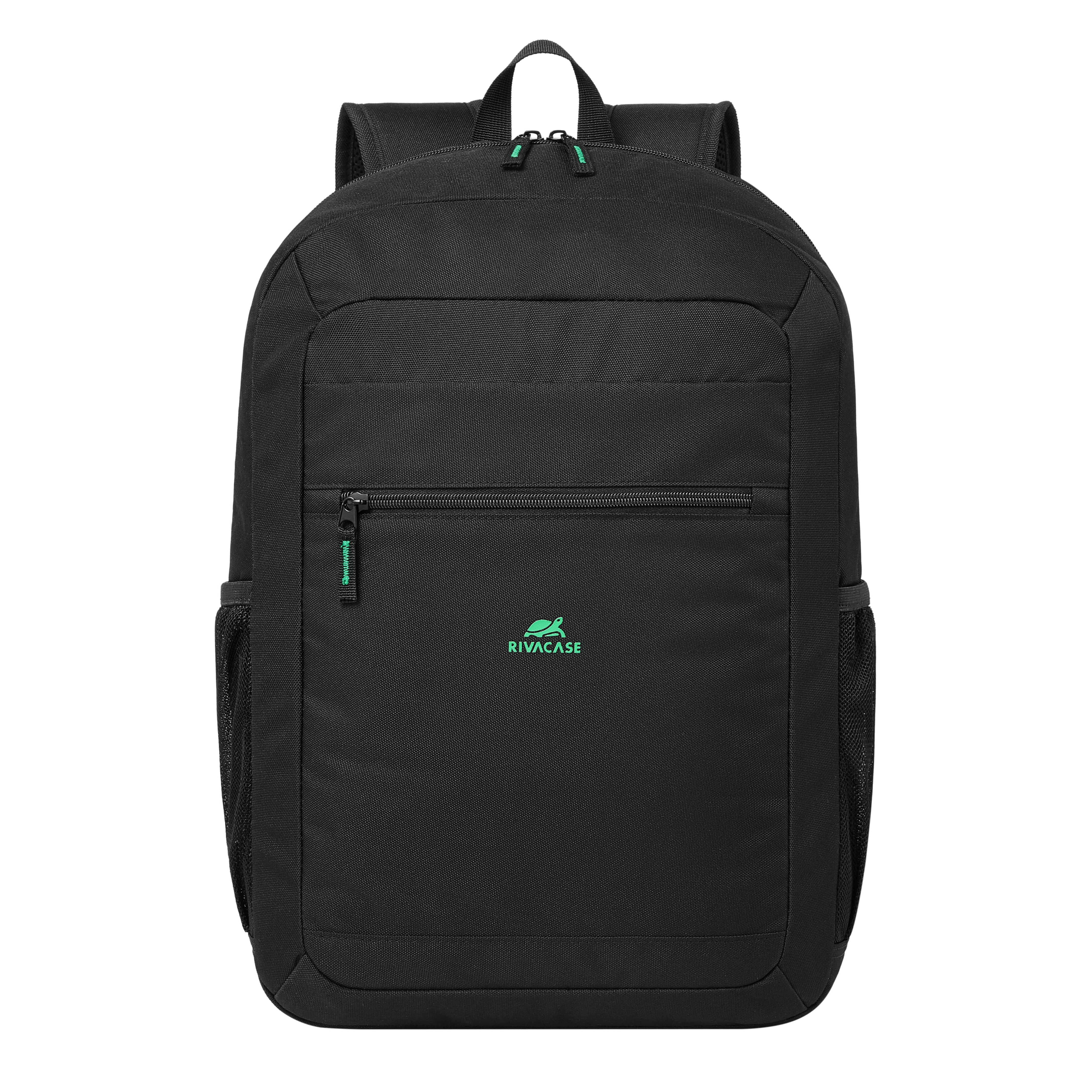 A black backpack with green zipper accents and logo.