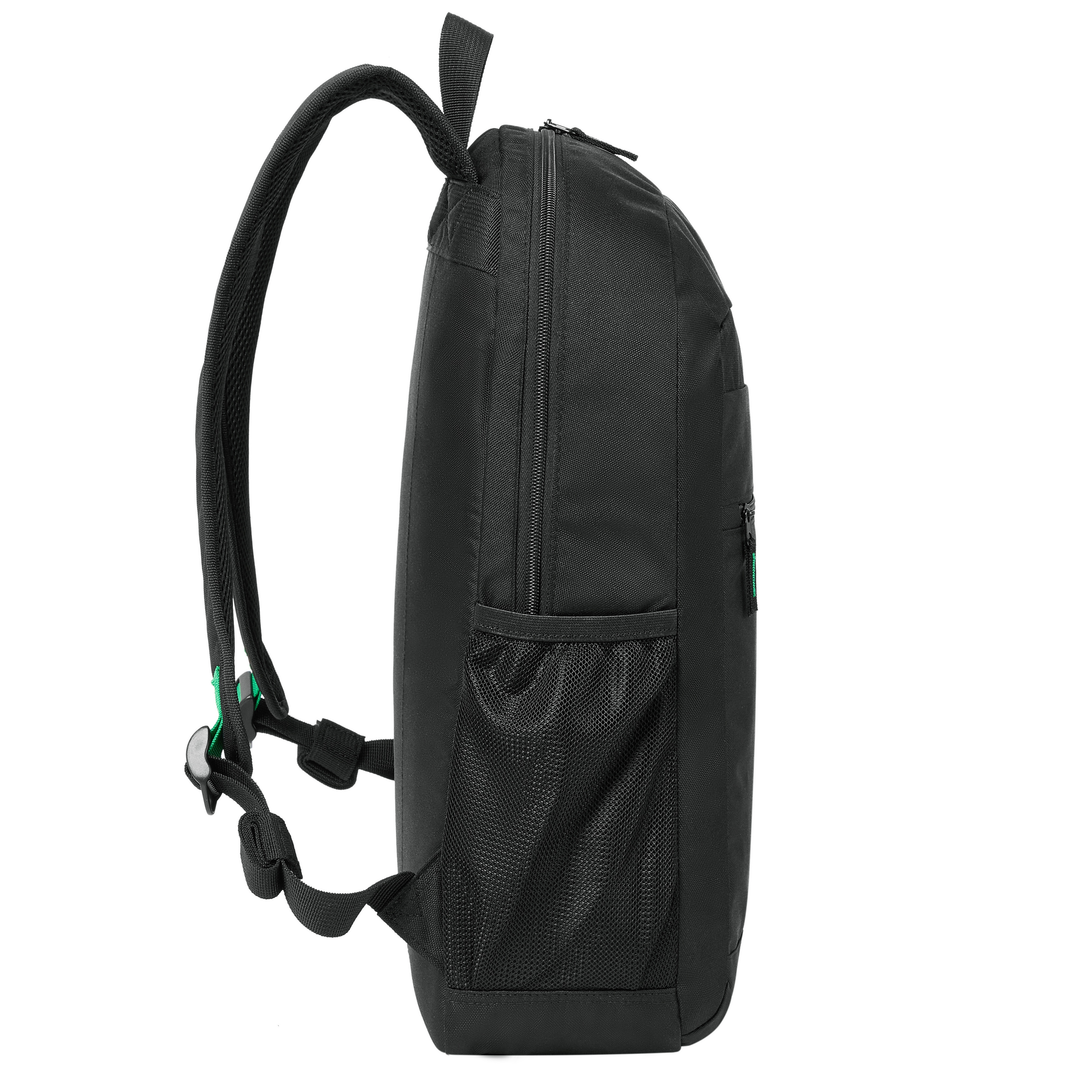 Black backpack with mesh side pockets and green accents on the straps.