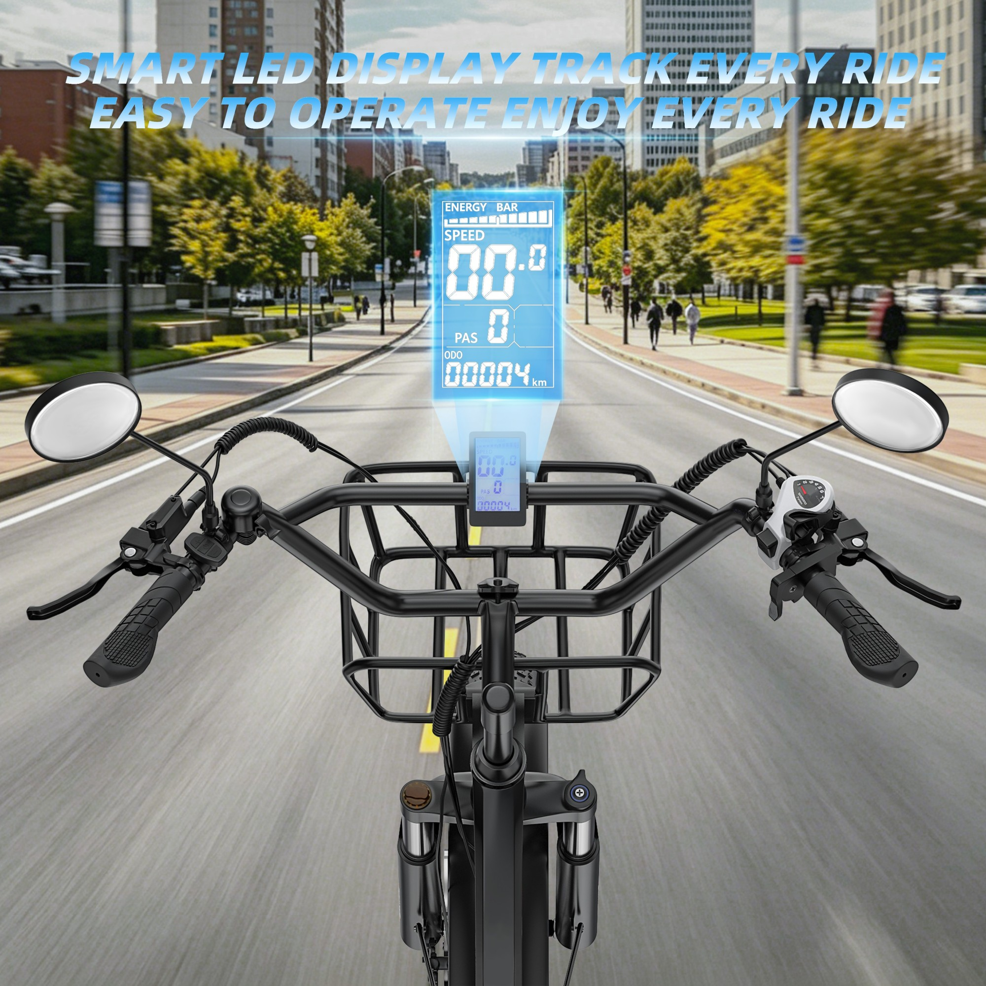Kierownica roweru elektrycznego z cyfrowym wyświetlaczem pokazującym prędkość, PAS i licznik.