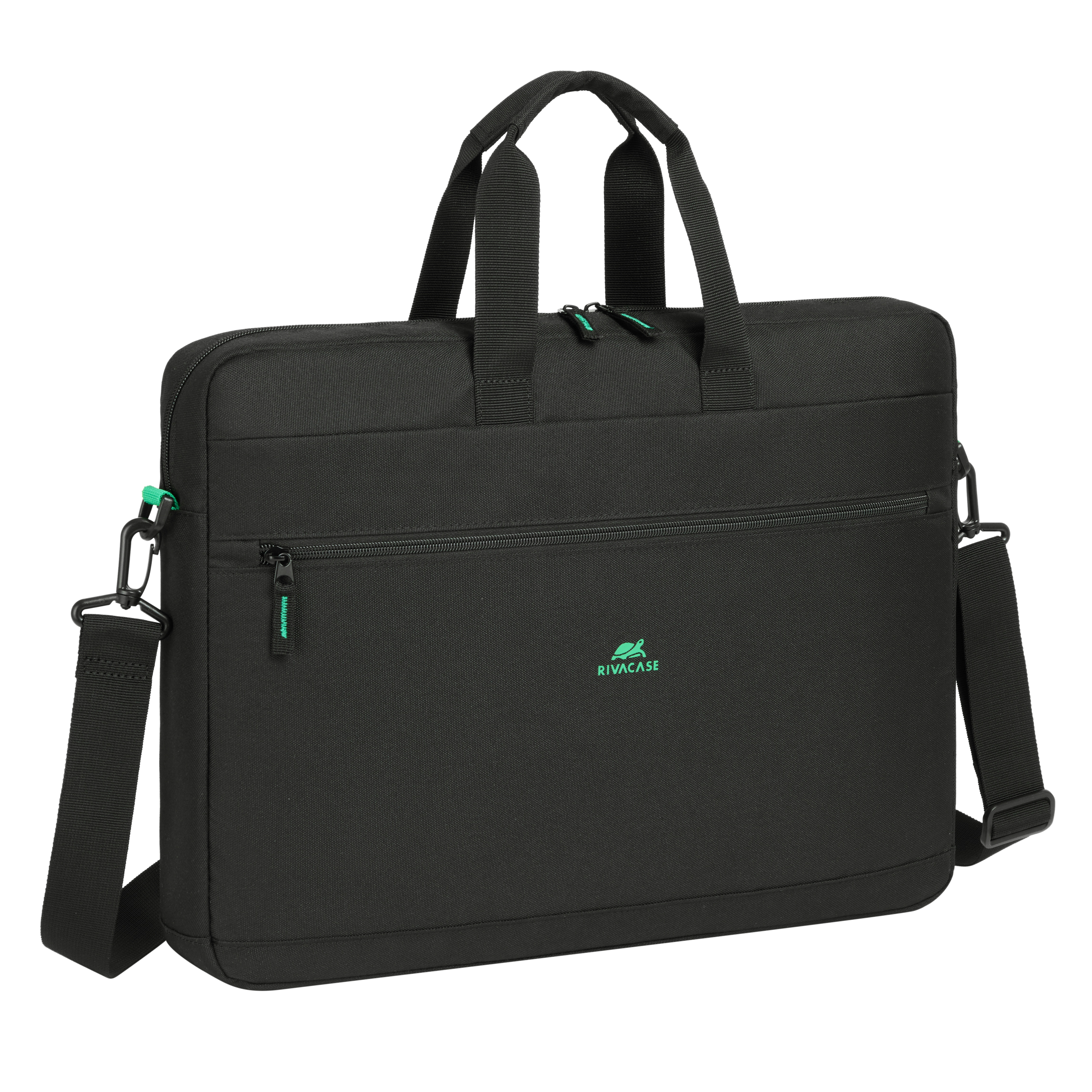 Borsa nera per laptop con accenti verdi e manici.