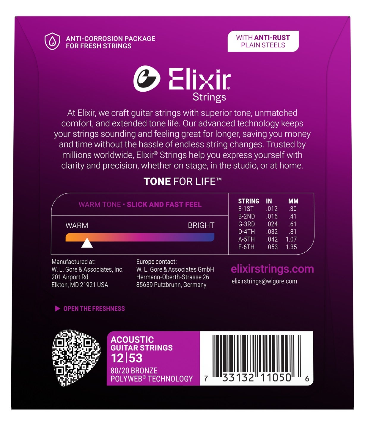Elixir gitar teli ambalajı ürün bilgileri ve boyut detayları içerir.